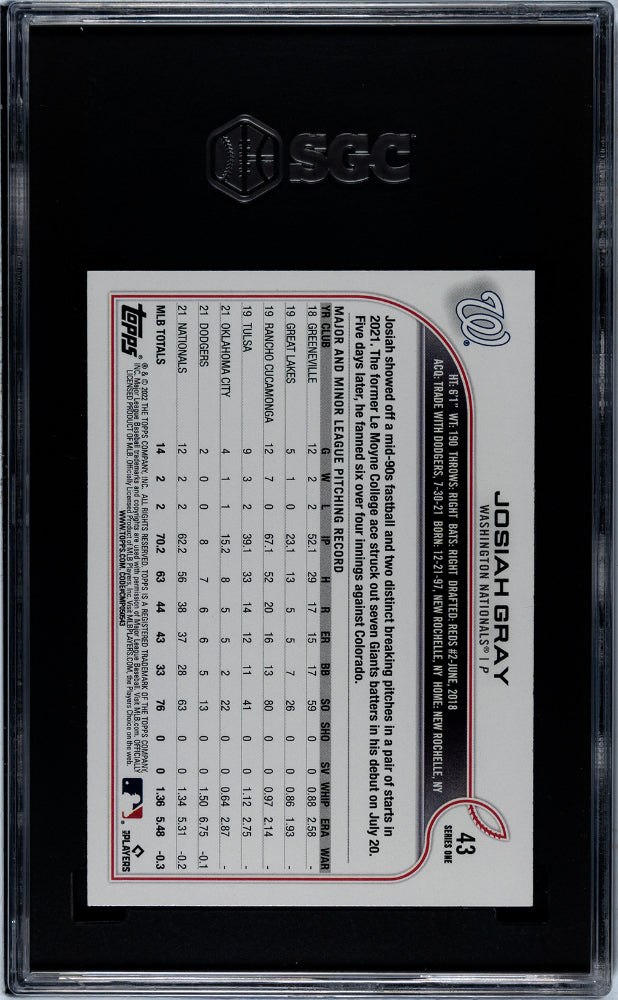 2022 Topps #43 Josiah Gray Series One SGC 9.5