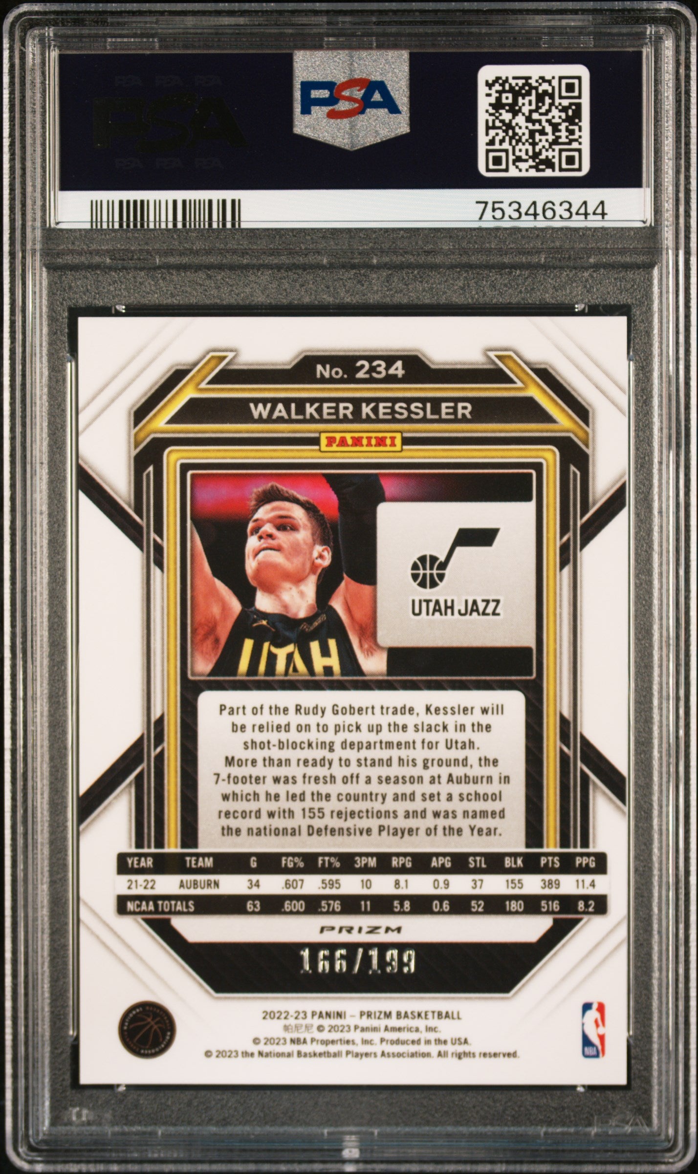 2022 Panini Prizm Blue Prizm Walker Kessler #234 RC /199 PSA 10