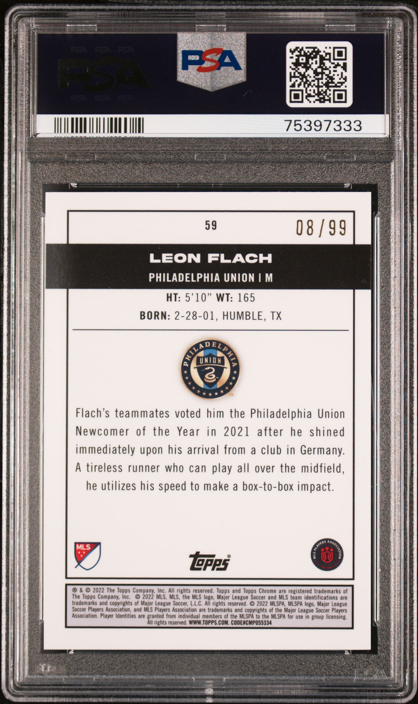 2022 Topps Chrome MLS Neon Green Lava Refractor Leon Flach #59 RC /99 PSA 9