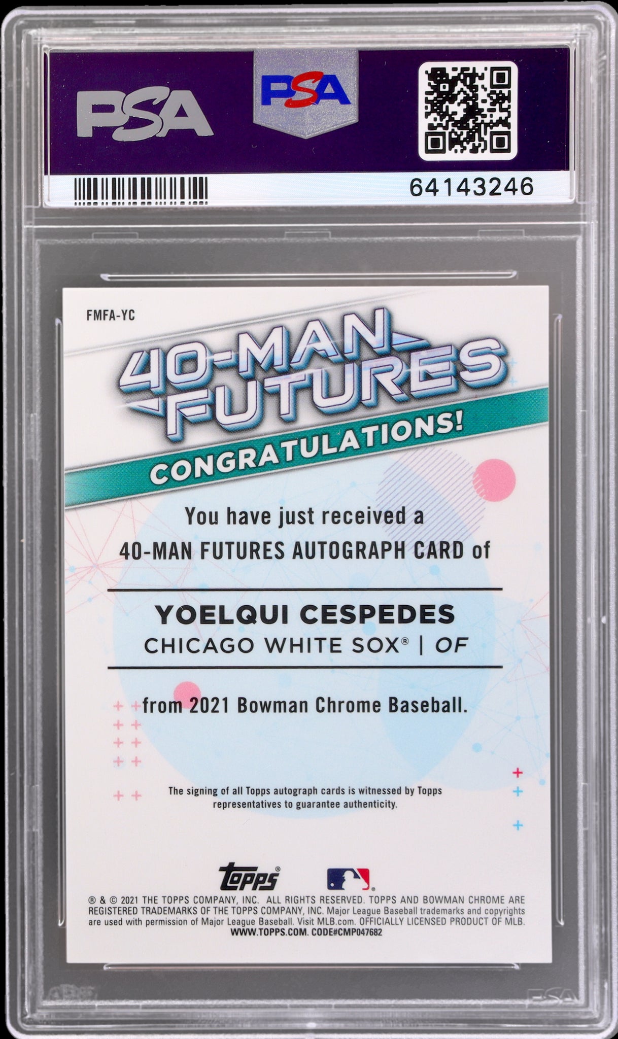 2021 Bowman Chrome 40-Man Futures Auto Orange Yoelqui Cespedes /25 PSA 10