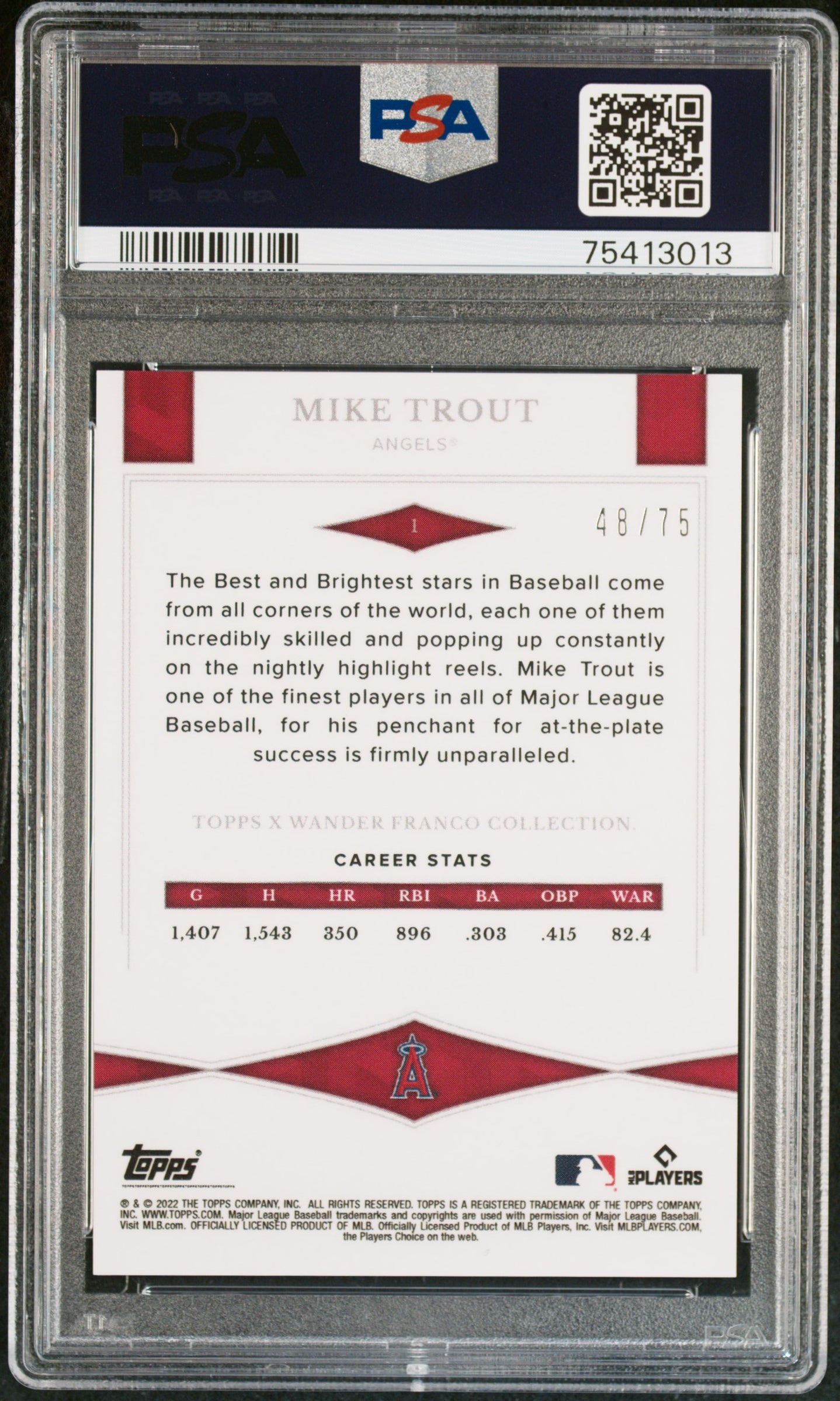 2022 Topps X W.Franco Dark Blue Gradient Mike Trout #1 /75 PSA 10