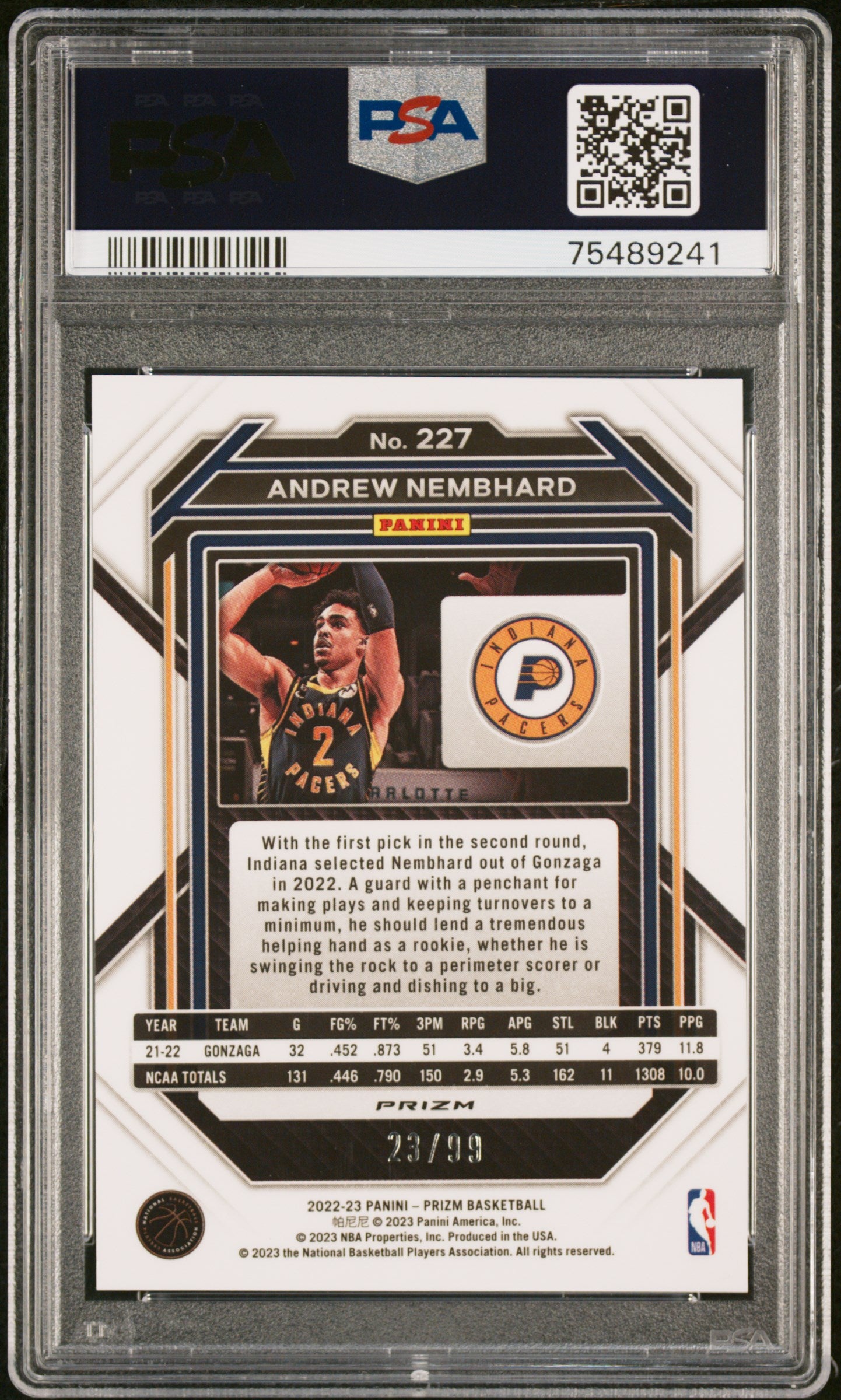 2022 Panini Prizm Purple Prizm Andrew Nembhard #227 RC /99 PSA 9