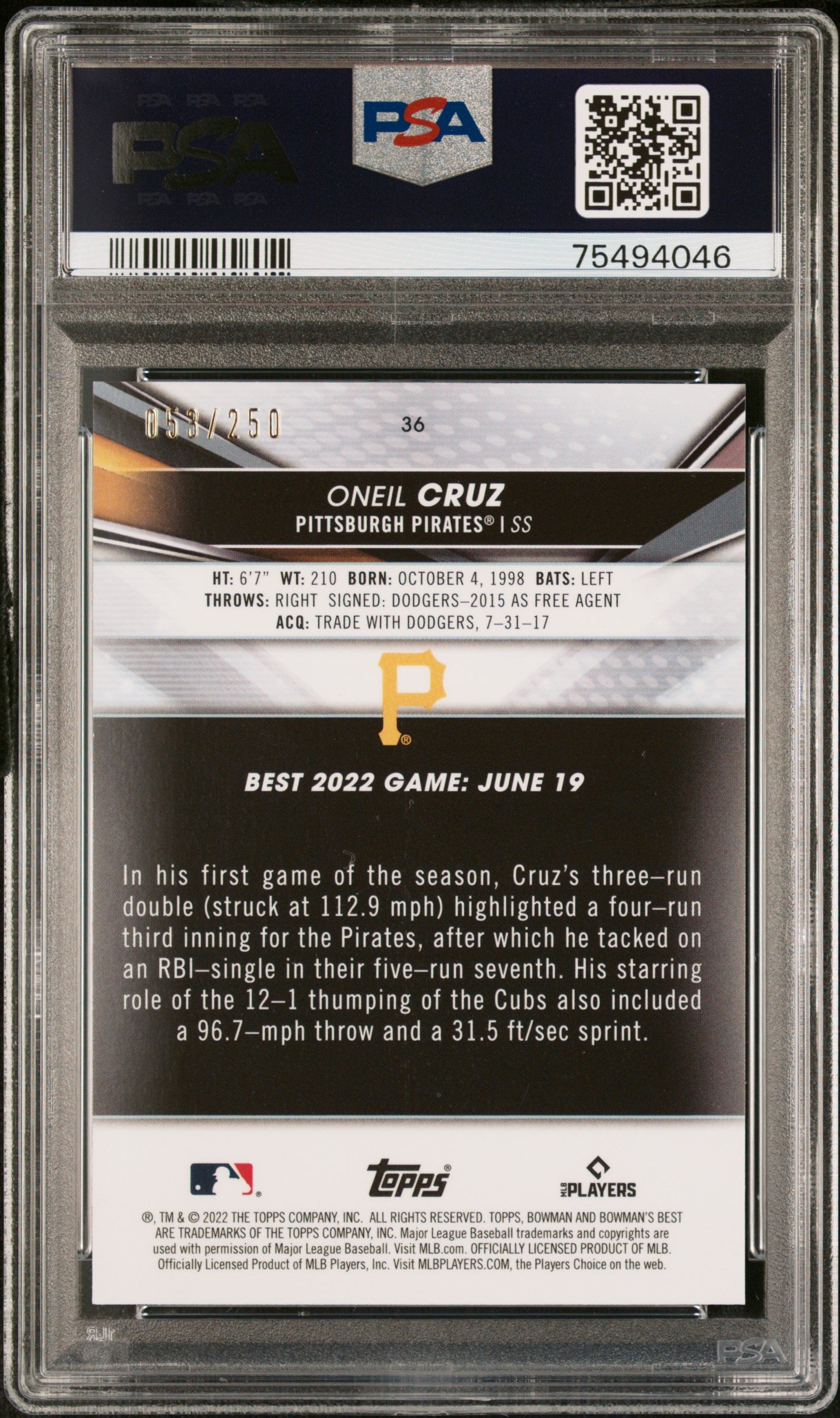 2022 Bowman's Best Purple Refractor Oneil Cruz #36 RC /250 PSA 10