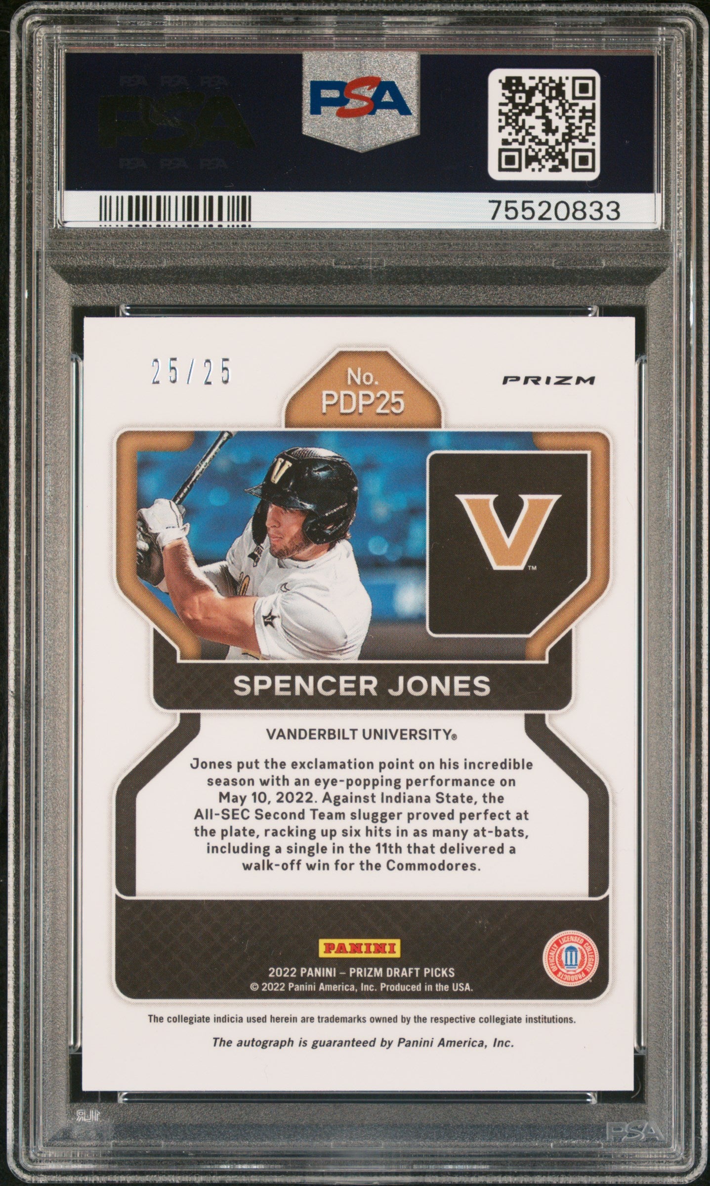 2022 Panini Prizm Draft Tiger Stripes Spencer Jones #PDP25 Auto /25 PSA 9