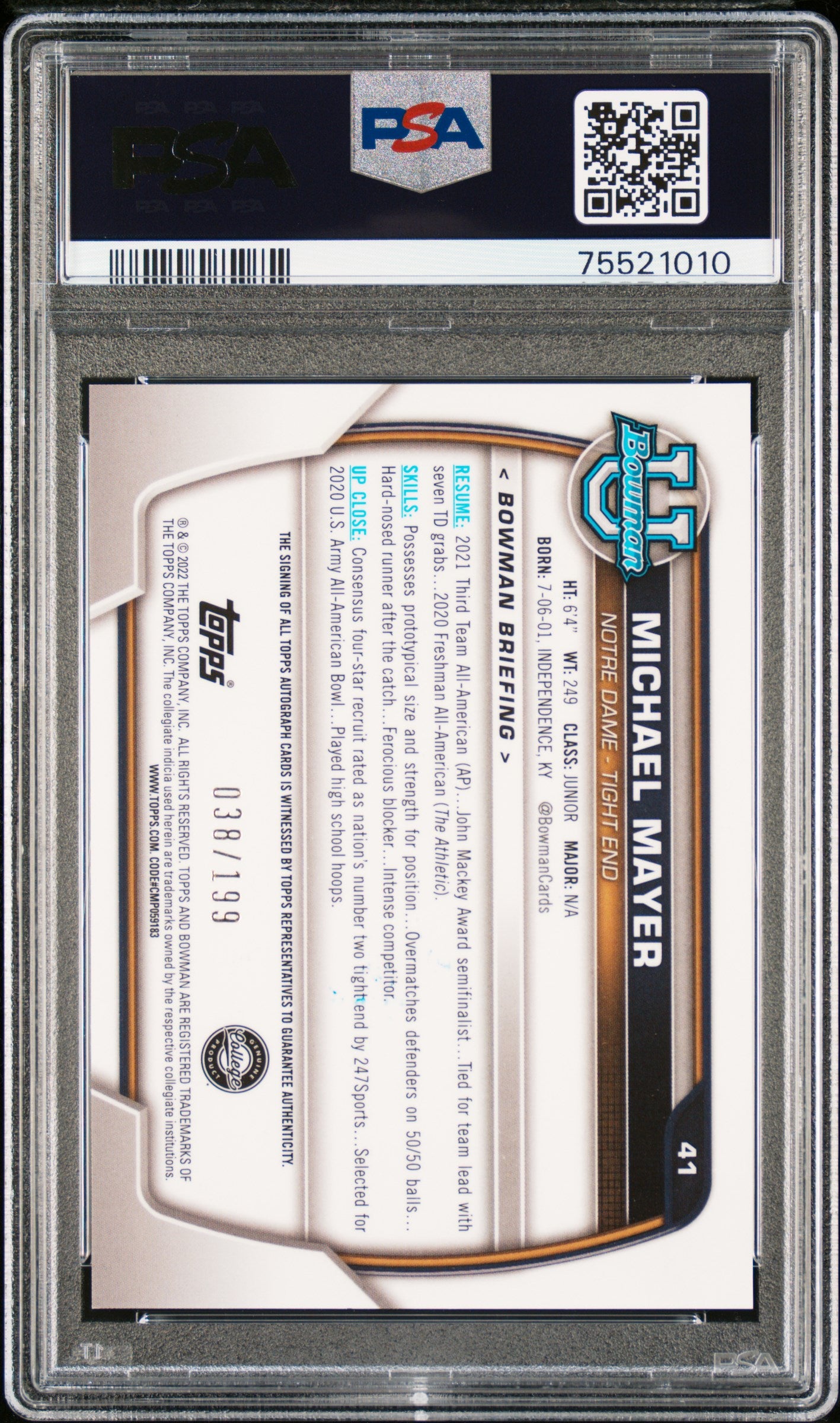 2022 Bowman University #41 Michael Mayer Chrome Prospects /199 PSA 9