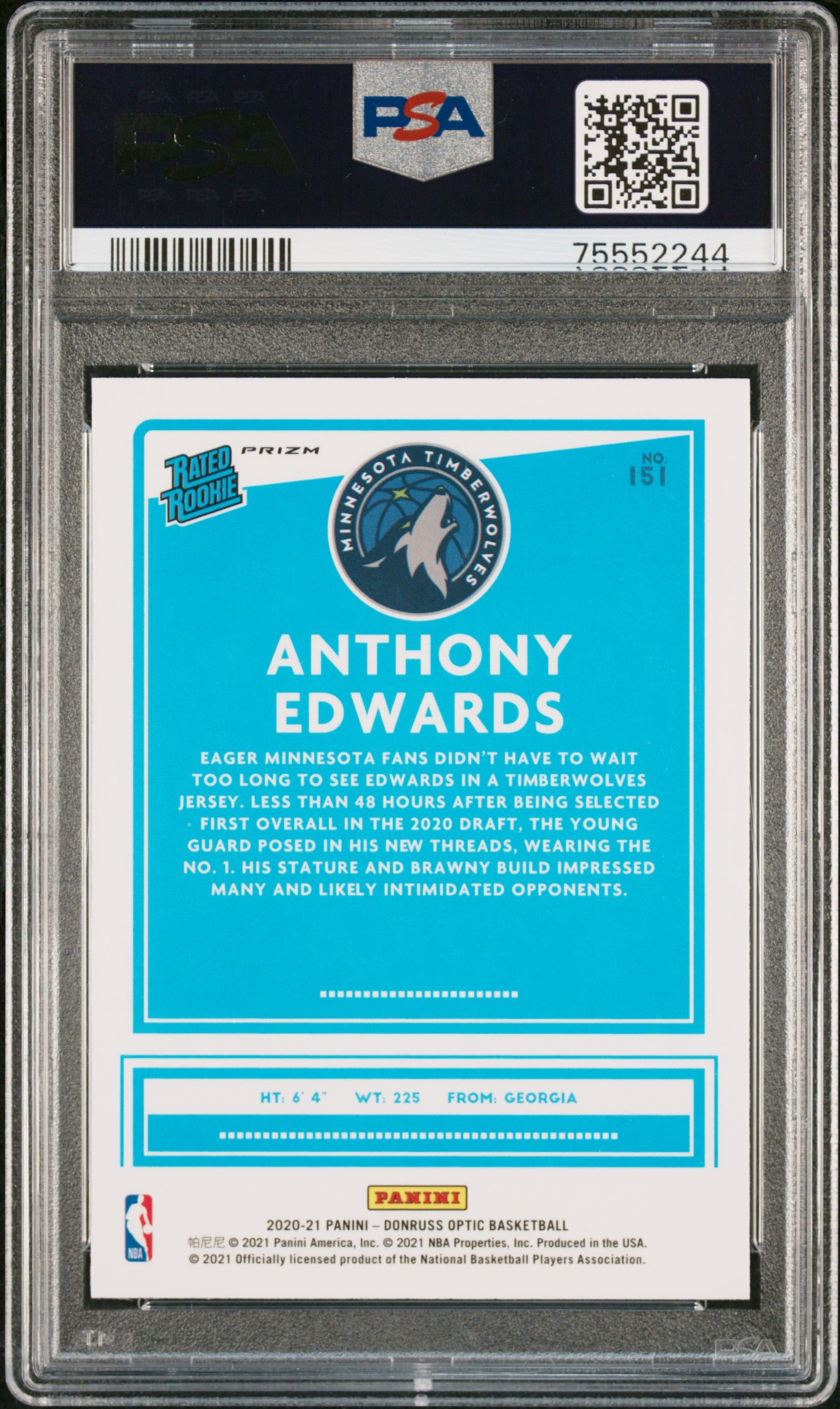 2020 Panini Donruss Optic Green Pulsar Anthony Edwards #151 RC PSA 10