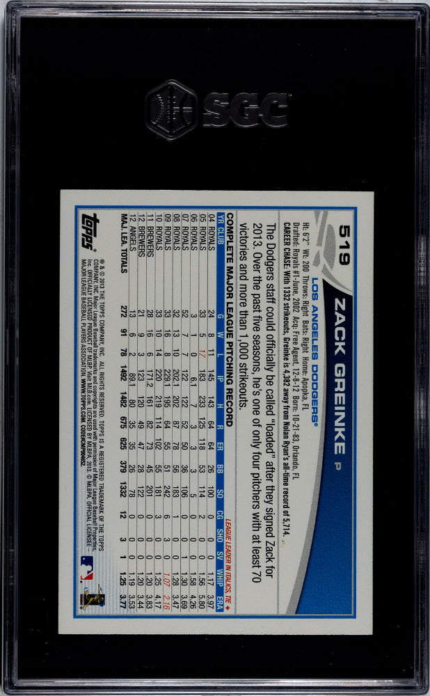 2013 Topps Zack Greinke #519 SGC 10