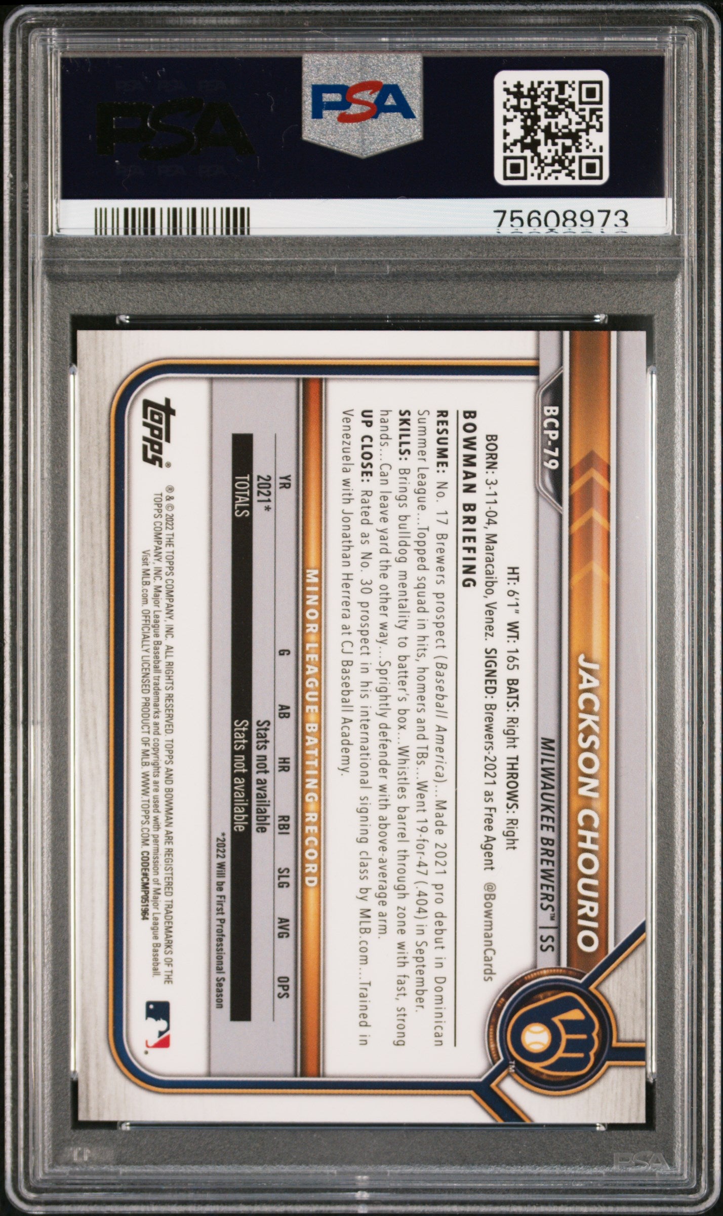 2022 Bowman Sapphire Edition Purple Jackson Chourio #BCP79 /25 PSA 9