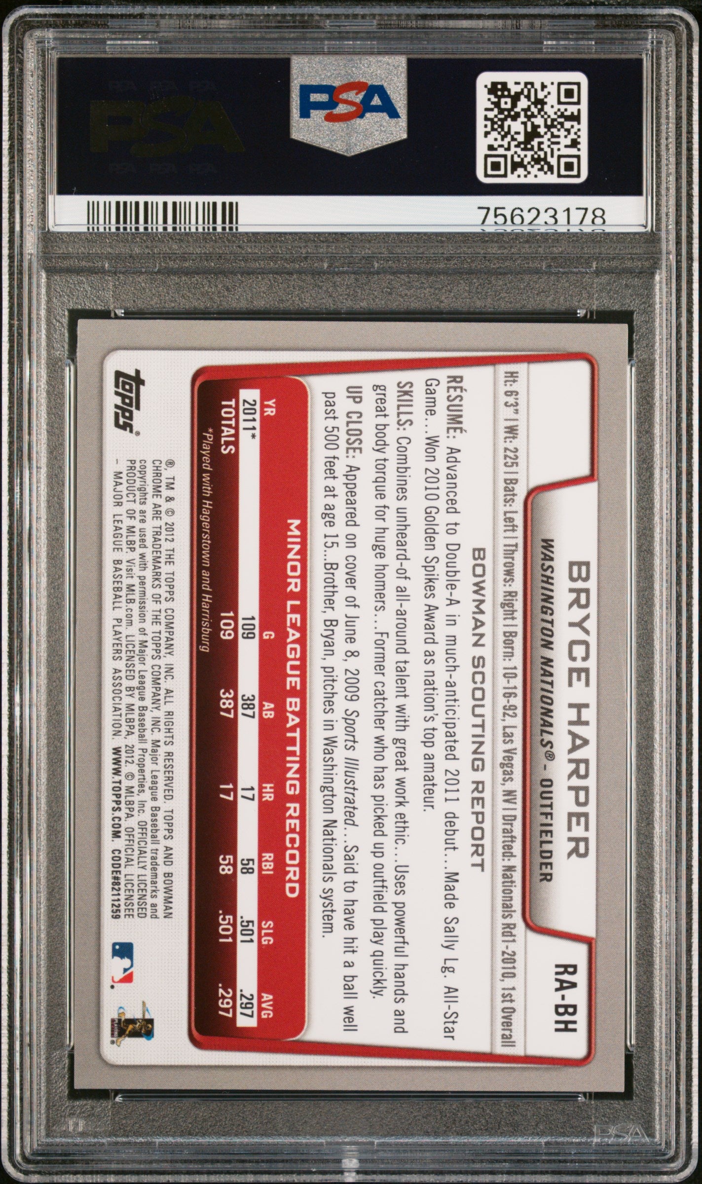 2012 Bowman Draft Chrome Rookie Autograph Bryce Harper #RABH PSA 9