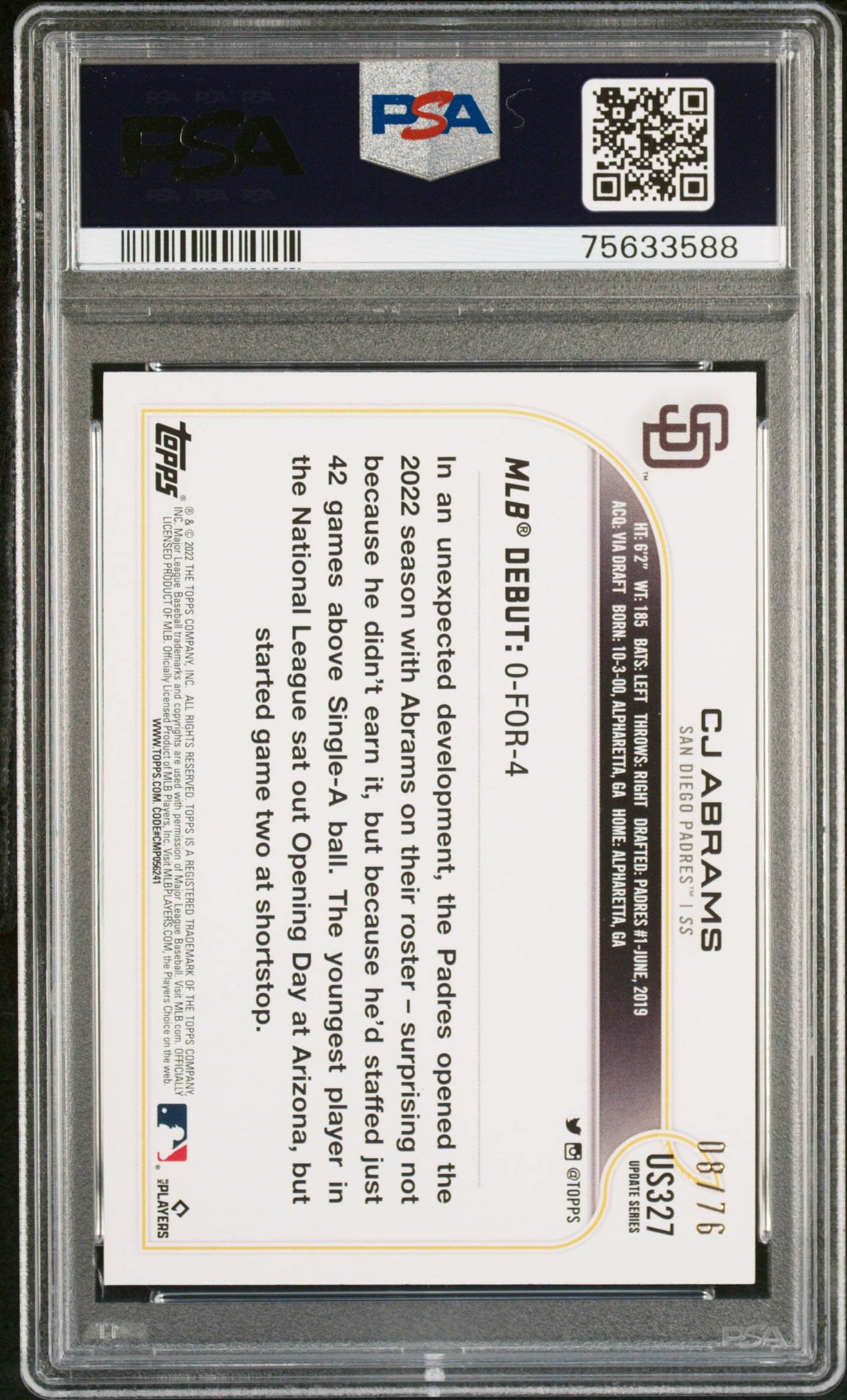2022 Topps Update Independence Day CJ Abrams #US327 RC /76 PSA 9