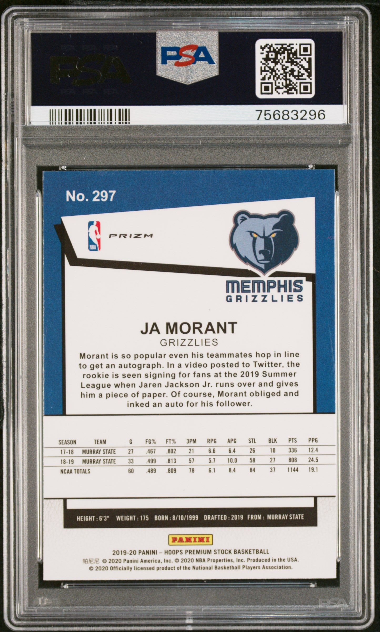 2019 Panini Hoops Premium Stock Tribute Purple Disco Ja Morant #297 RC PSA 10