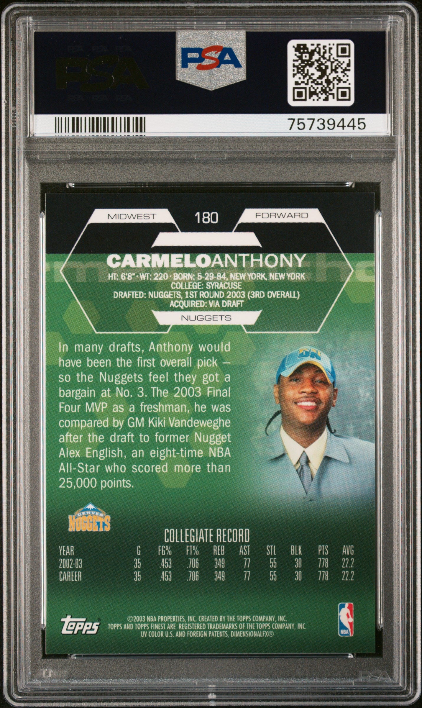 2003 Topps Finest Carmelo Anthony #180 RC PSA 9