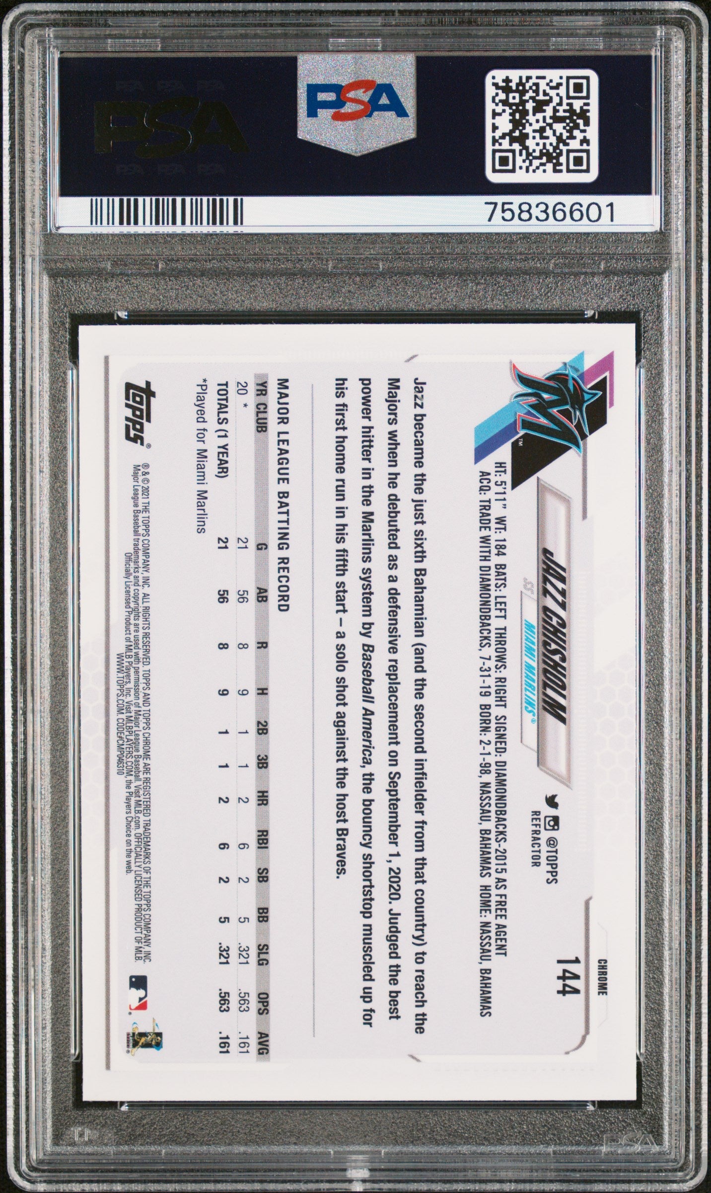 2021 Topps Chrome Sepia Refractor Jazz Chisholm #144 PSA 10 RC