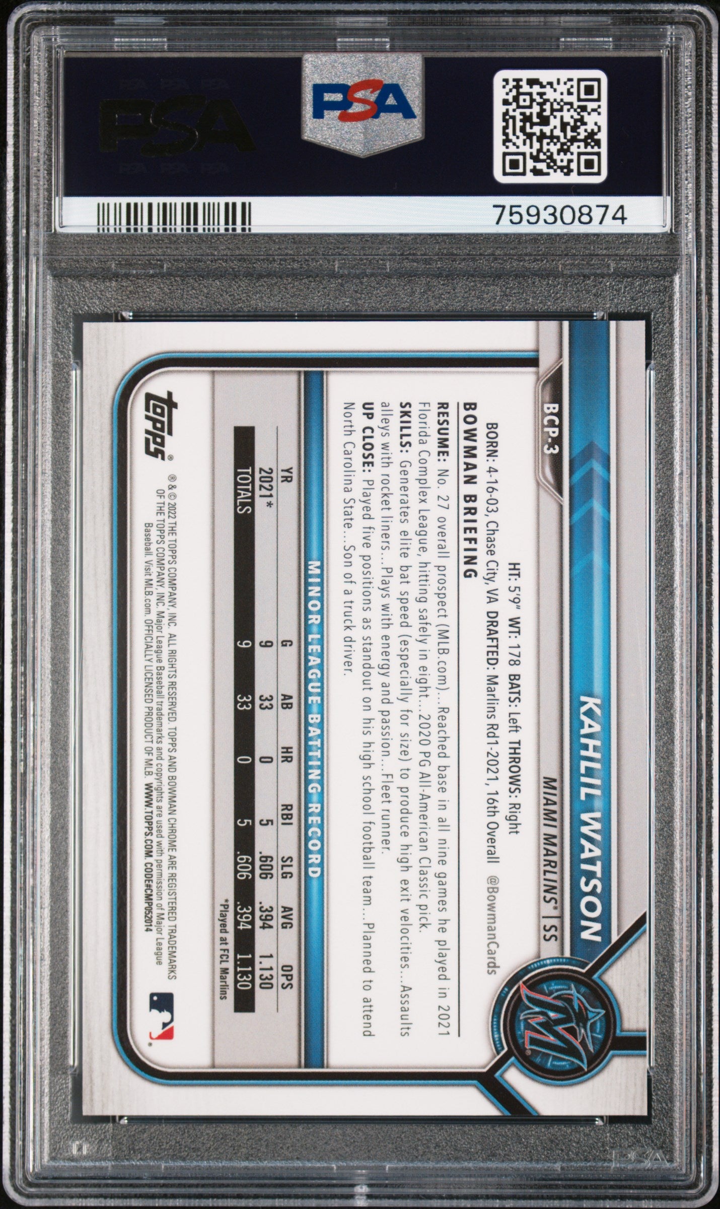 2022 Bowman Chrome Blue Refractor Kahlil Watson #BCP-3 /150 PSA 10