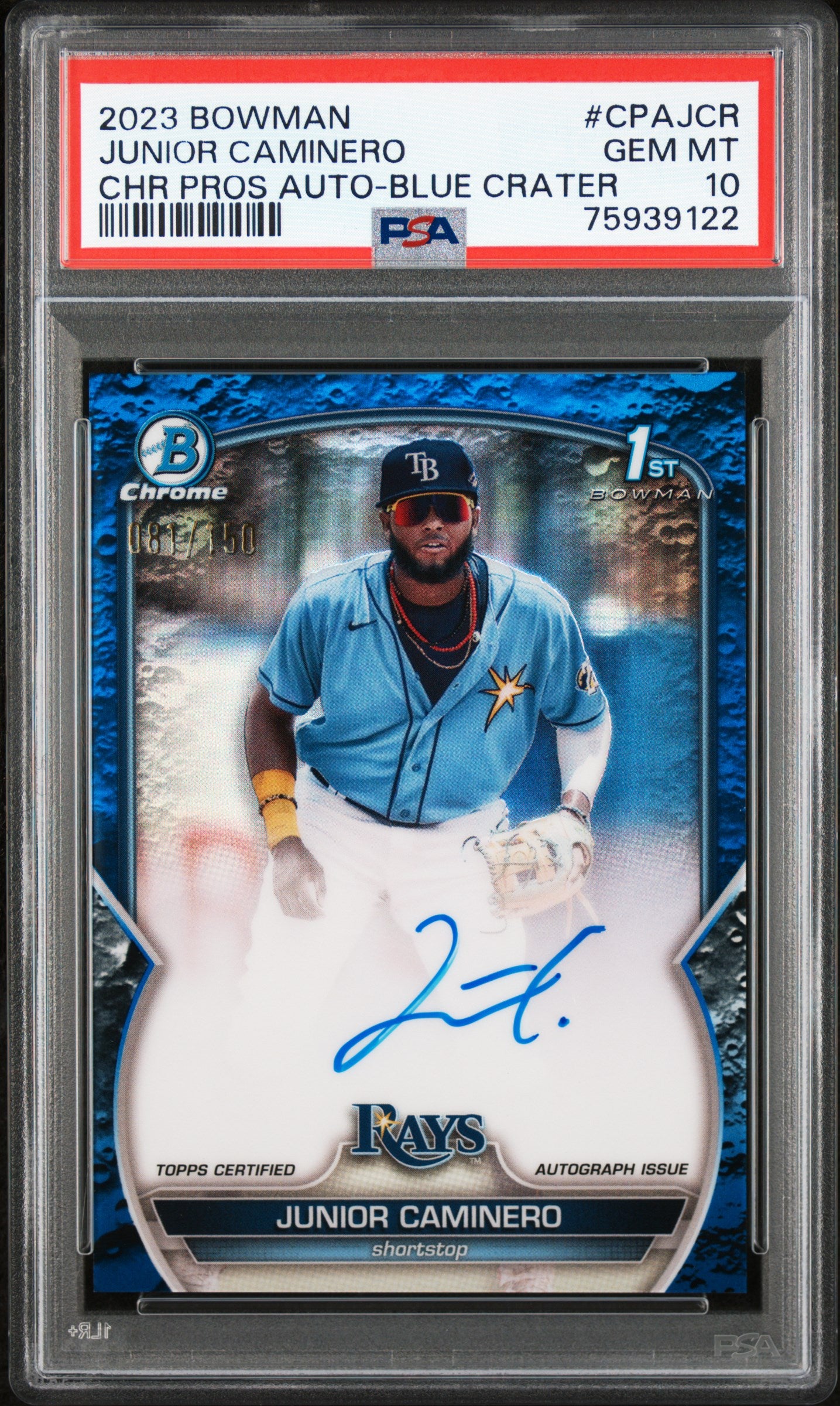 2023 Bowman #CPA-JCR Junior Caminero CHR PROS AUTO-BLUE CRATER /150 Auto PSA 10