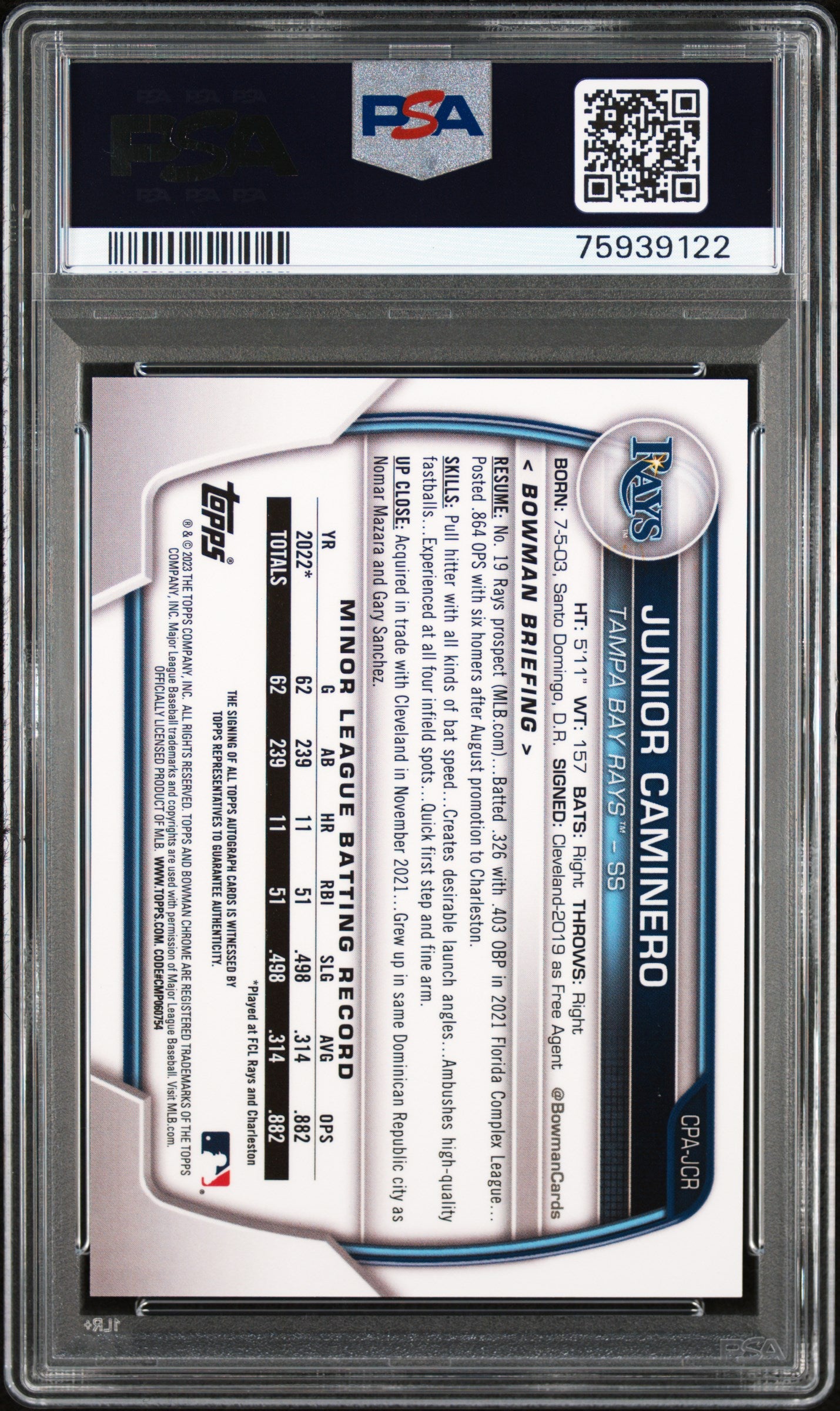 2023 Bowman #CPA-JCR Junior Caminero CHR PROS AUTO-BLUE CRATER /150 Auto PSA 10