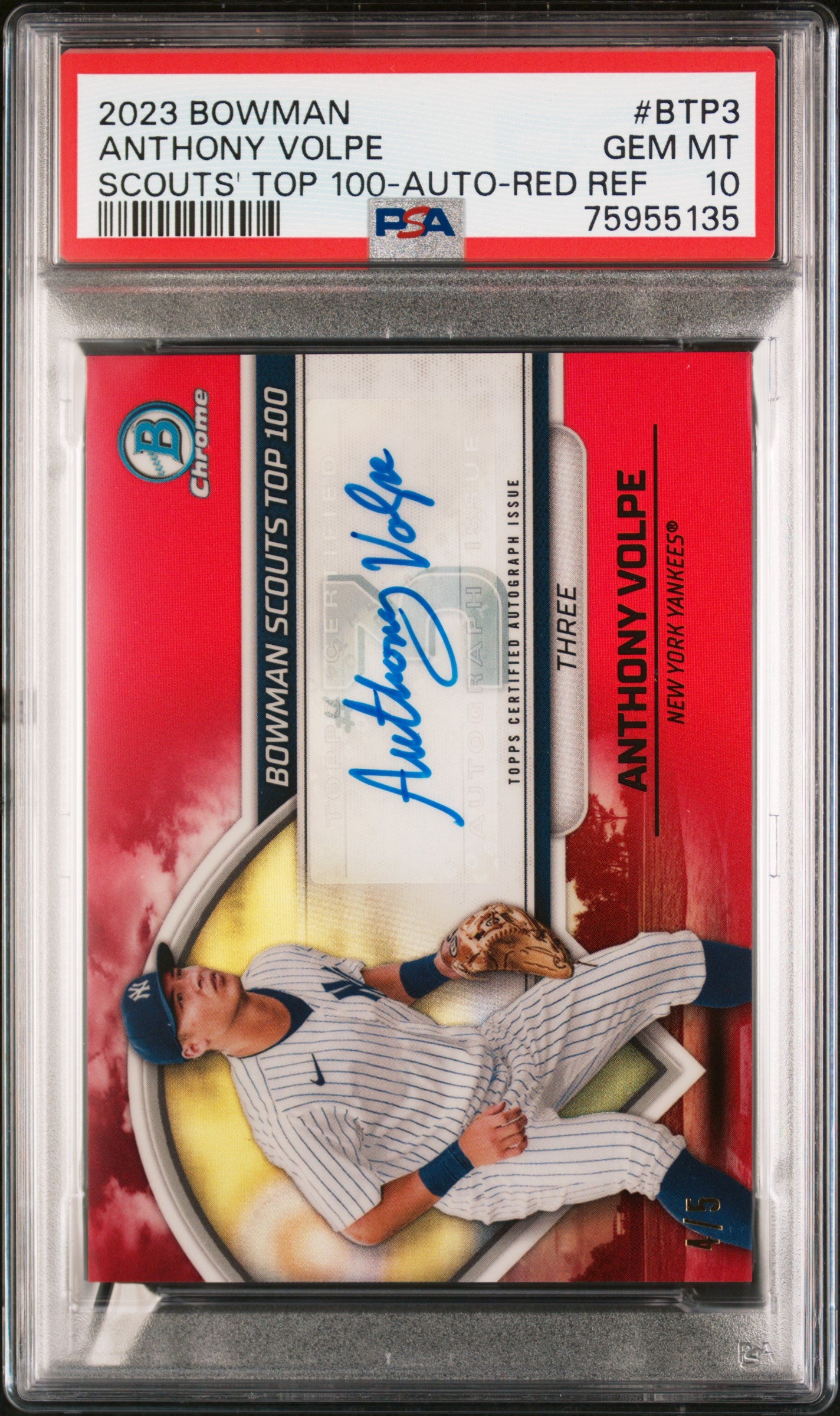 2023 Bowman Scouts' Top 100 Red Refractor Anthony Volpe #BTP-3 Auto /5 PSA 10