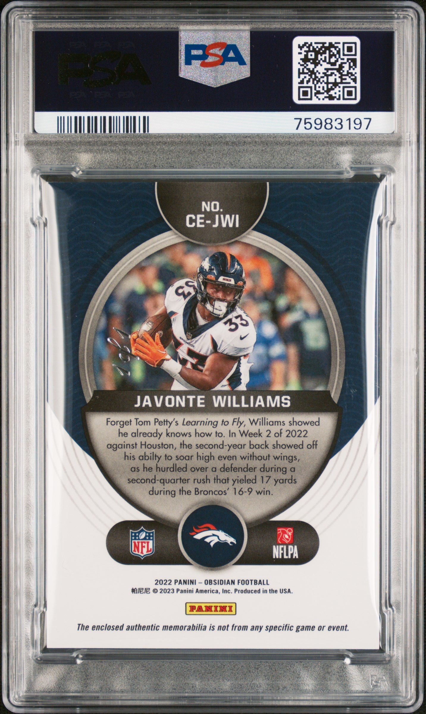 2022 Obsidian #CE-JWI Javonte Williams Cutting Edge 1/1 PSA 9