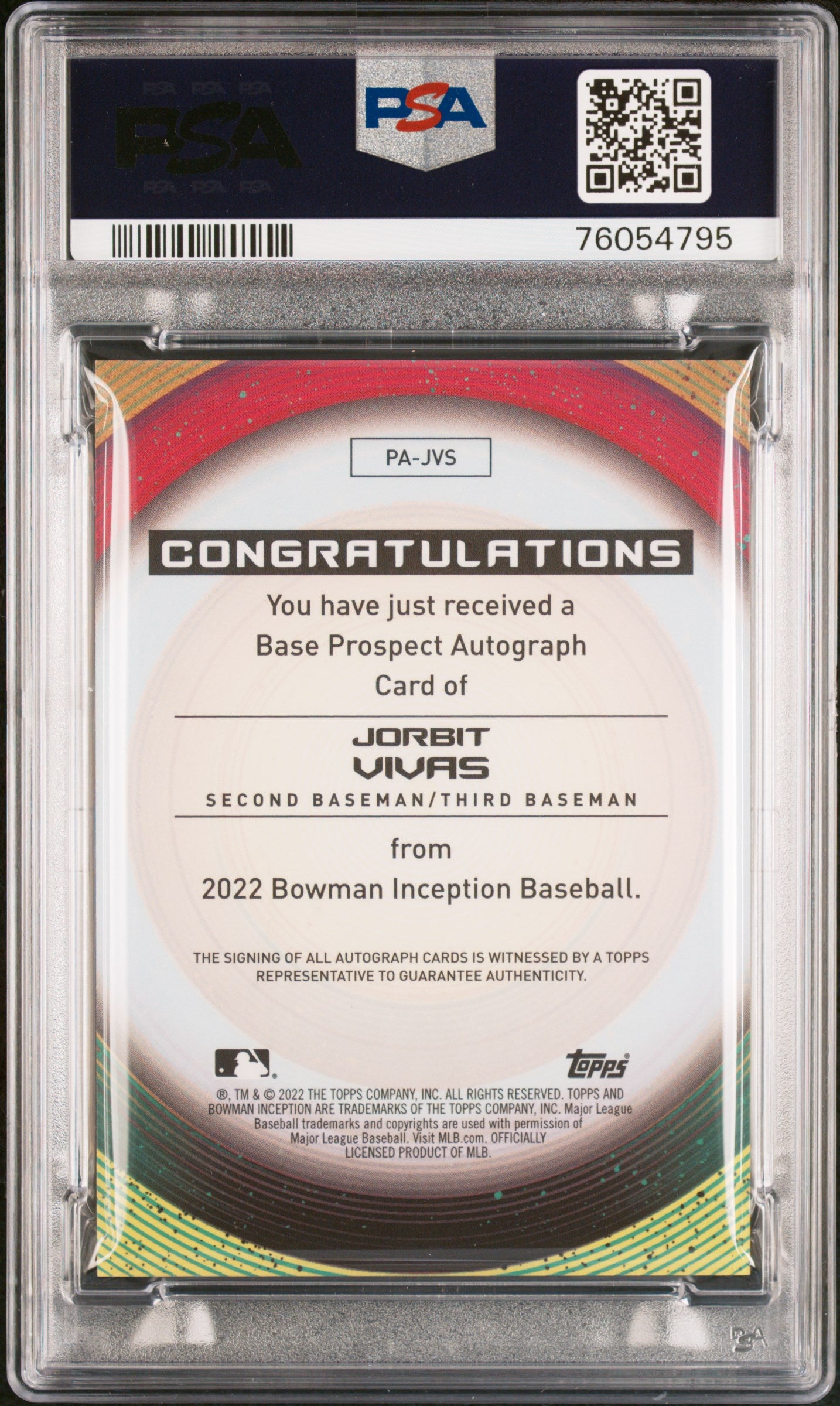 2022 Bowman Inception Fuchsia Foil Jorbit Vivas #PA-JVS Auto /75 PSA 10