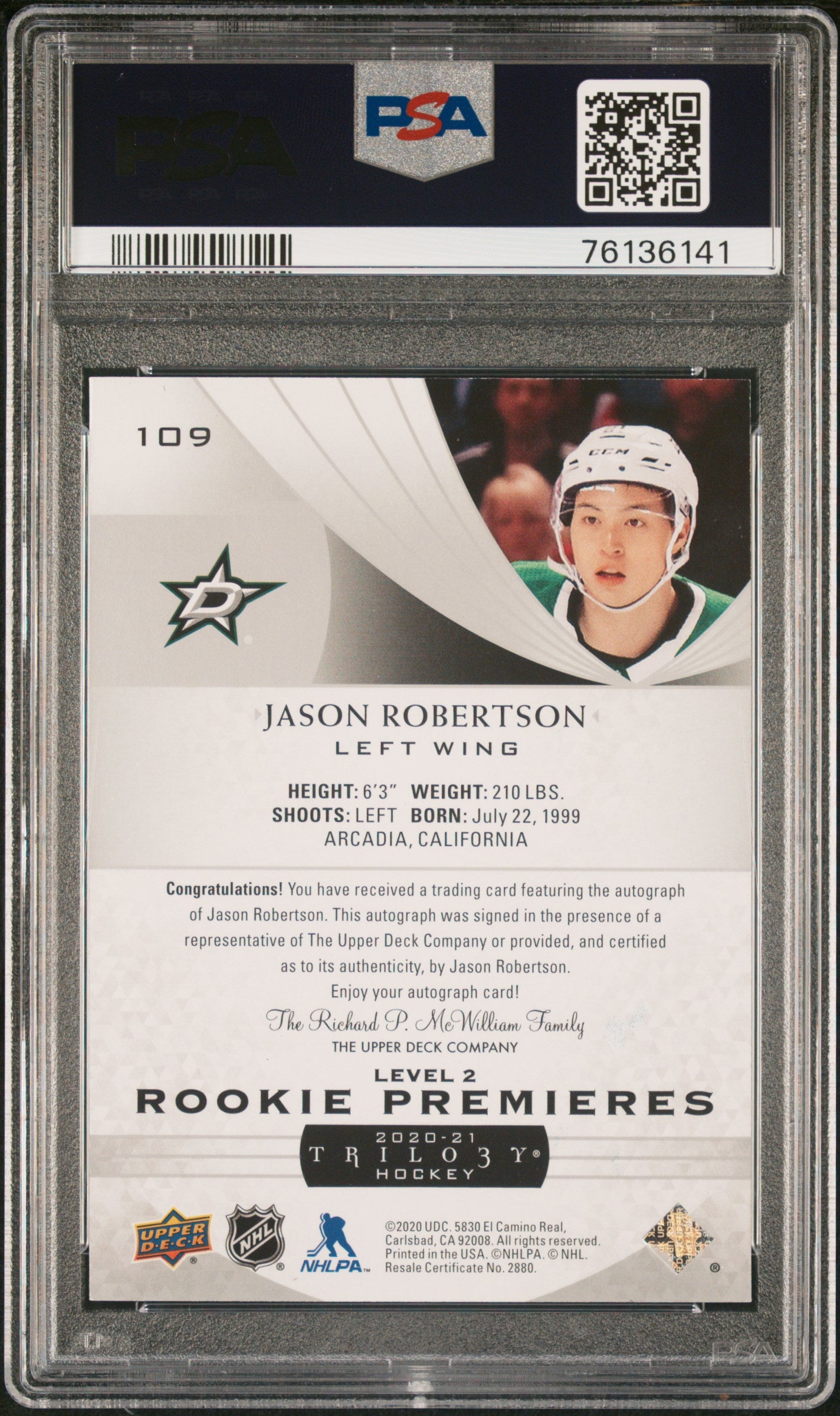 2020 Upper Deck Trilogy Autograph-Silver Jason Robertson #109 /99 PSA 8