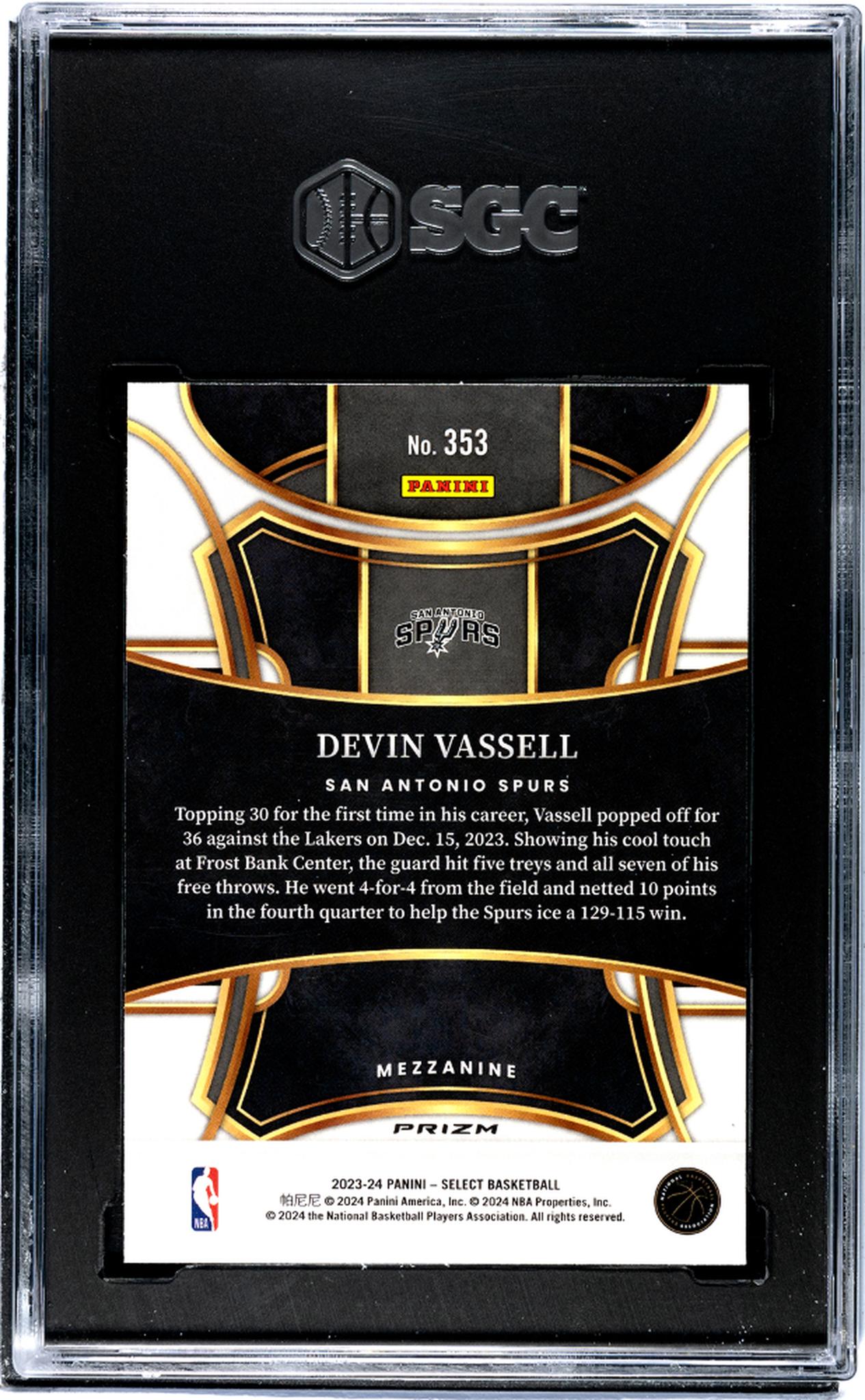 2023-24 Panini Select #353 Devin Vassell Orange Tectonic Prizm SGC 10