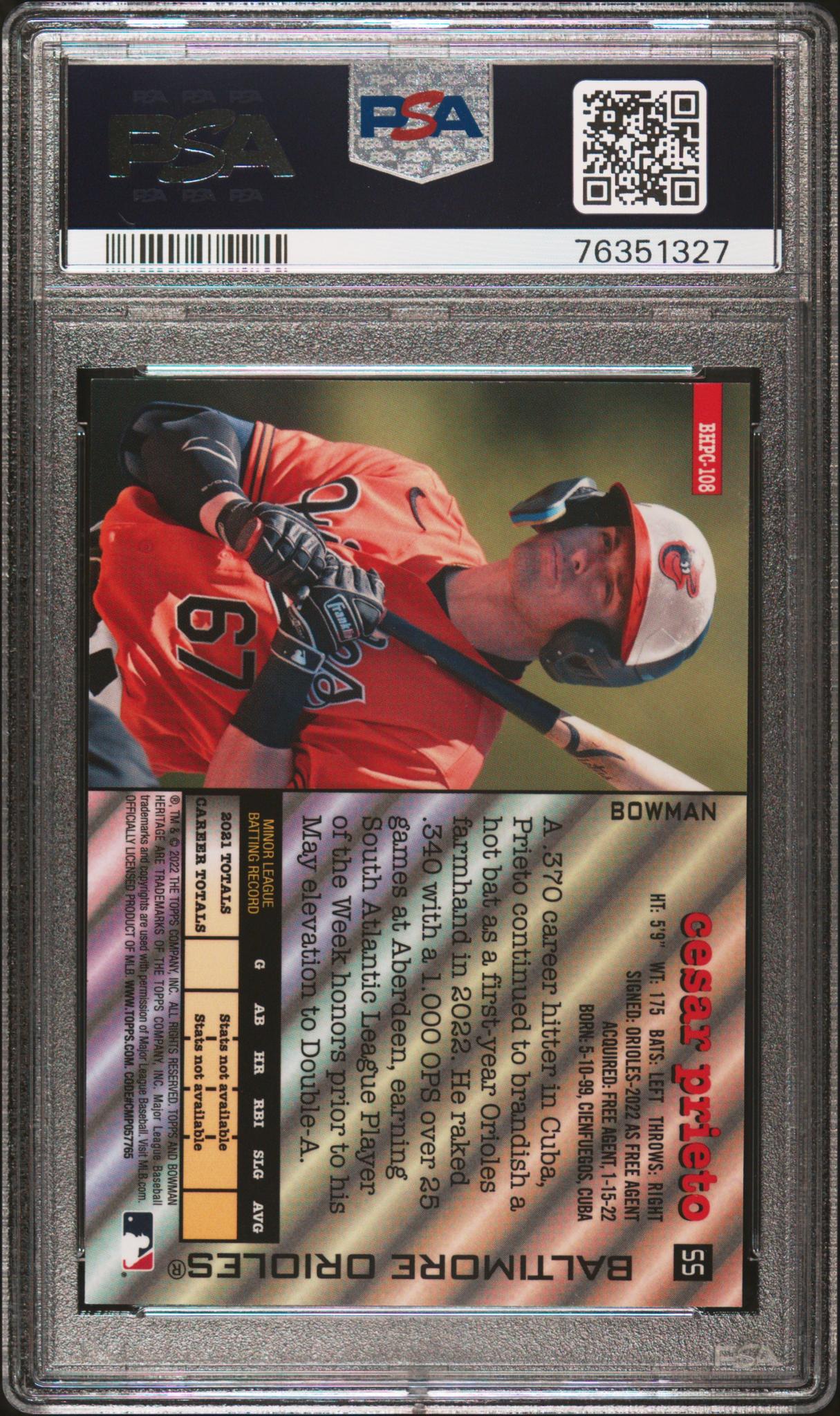 2022 Bowman Heritage Chrome Orange Refractor Cesar Prieto #BHPC-108 /25 PSA 9