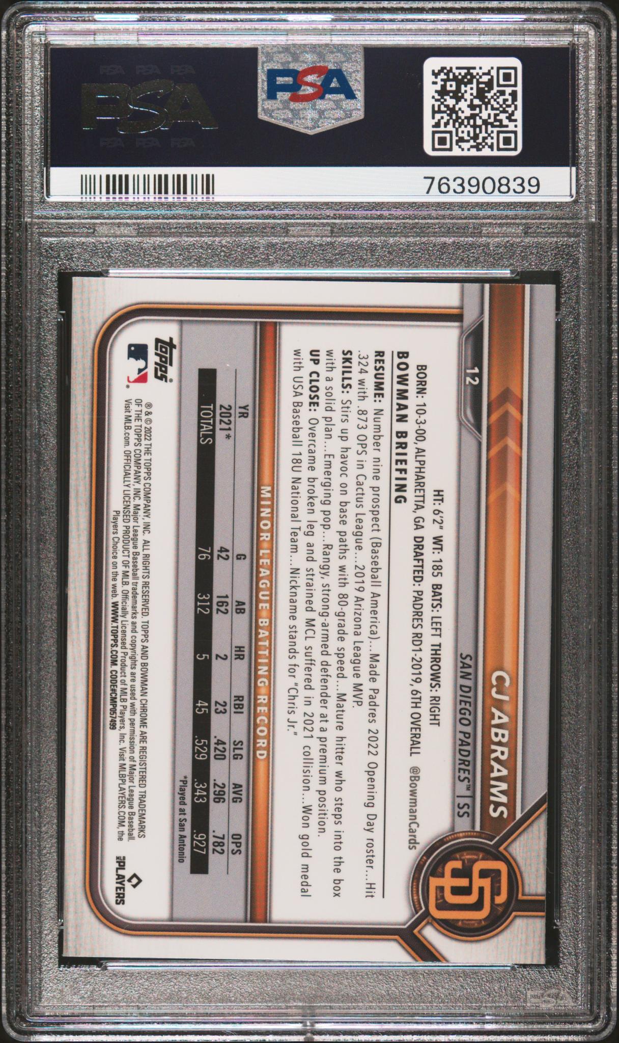 2022 Bowman Chrome Sapphire Variation CJ Abrams #12 PSA 10