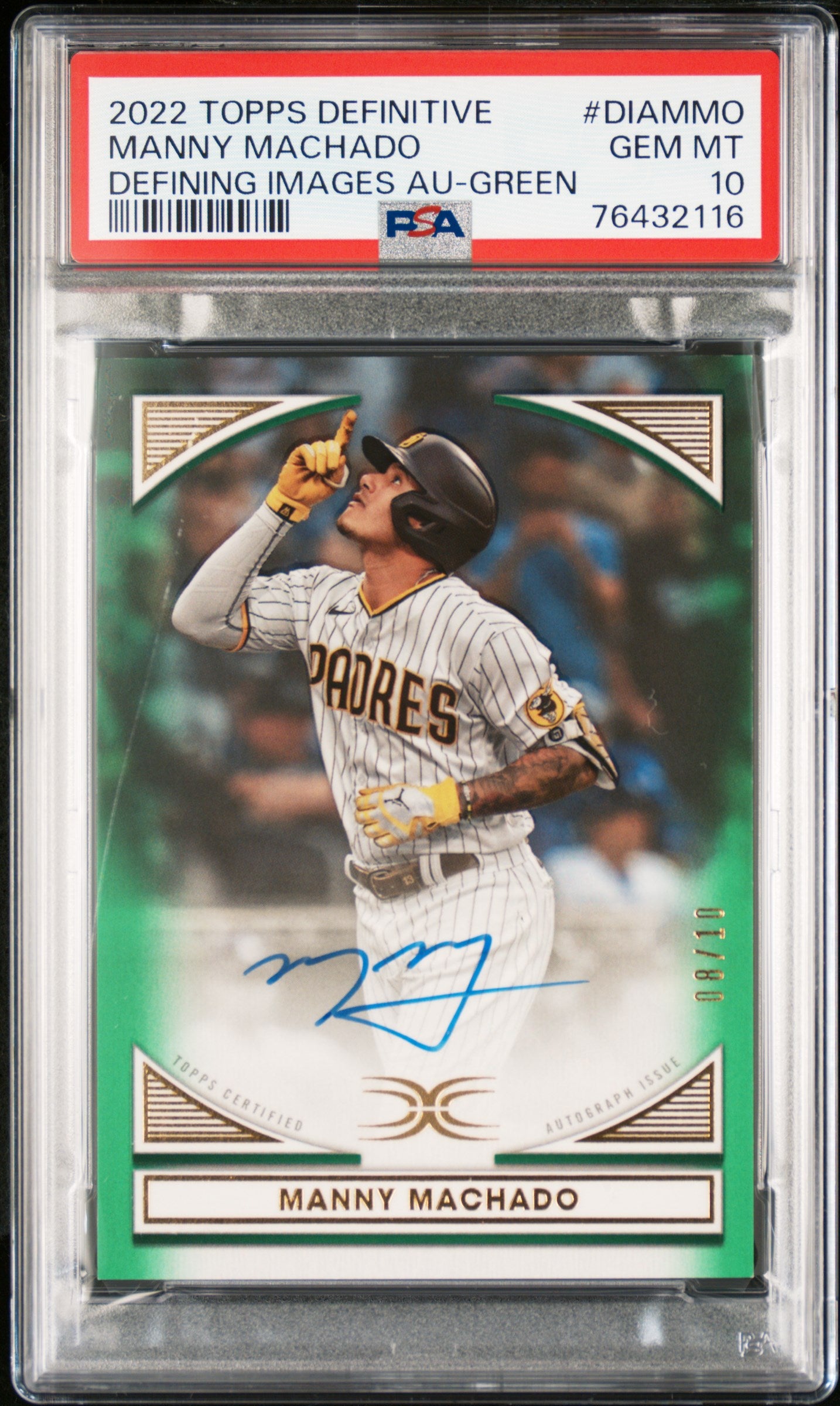2022 Topps Definitive Defining Images Autograph Collection #DIAMMO Manny Machado Defining Images Au-Green PSA 10