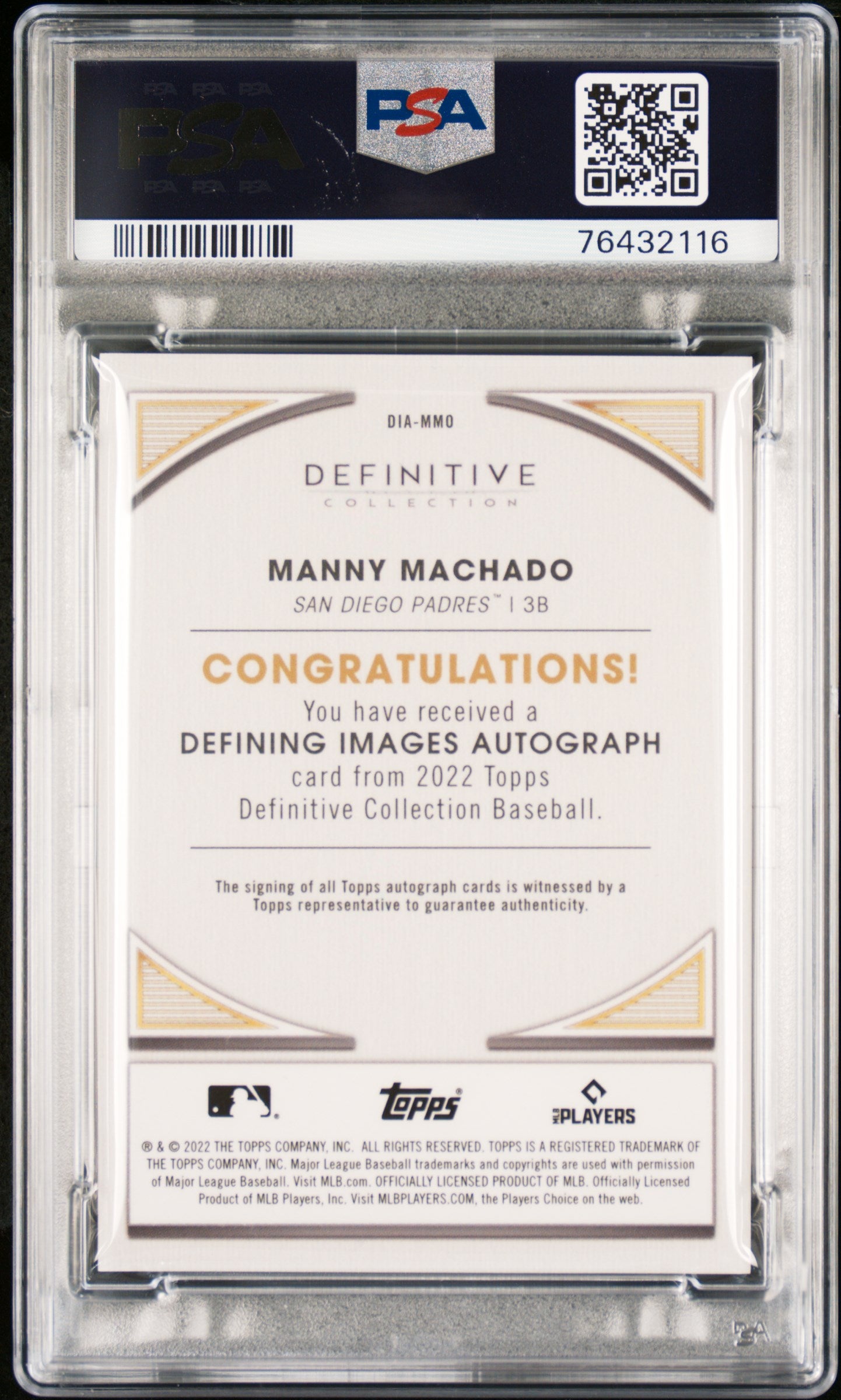 2022 Topps Definitive Defining Images Autograph Collection #DIAMMO Manny Machado Defining Images Au-Green PSA 10