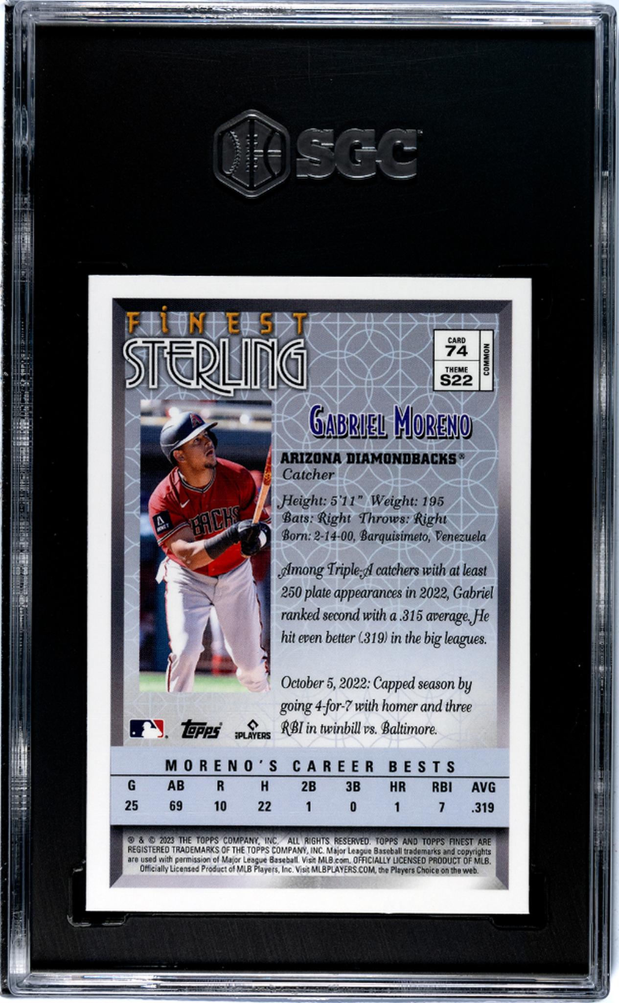 2023 Topps Finest #74 Gabriel Moreno Rookie SGC 10