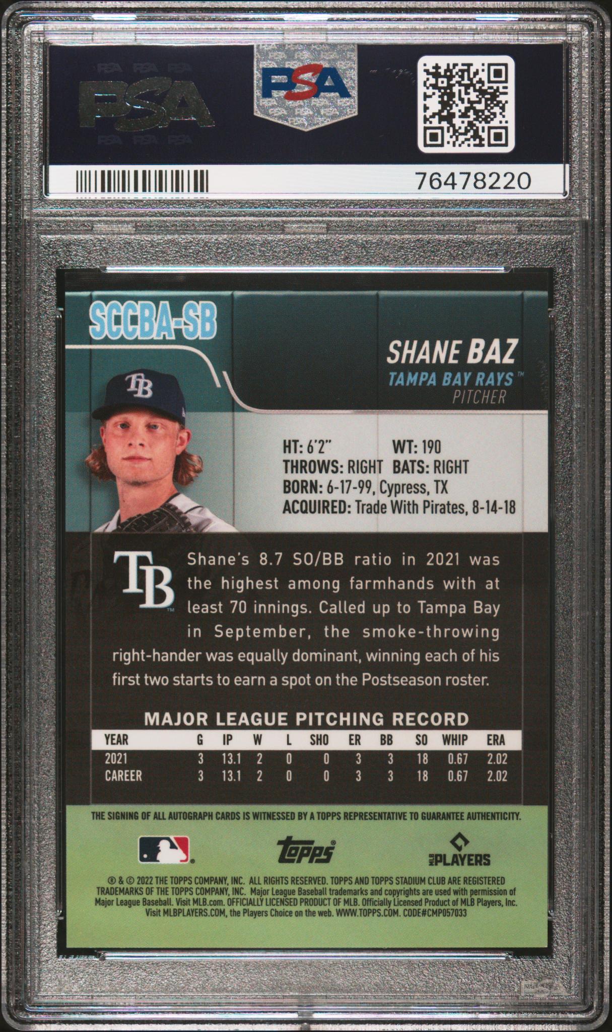 2022 Topps Stadium Club Chrome Autographs Shane Baz #SCCBA-SB RC Auto PSA 9
