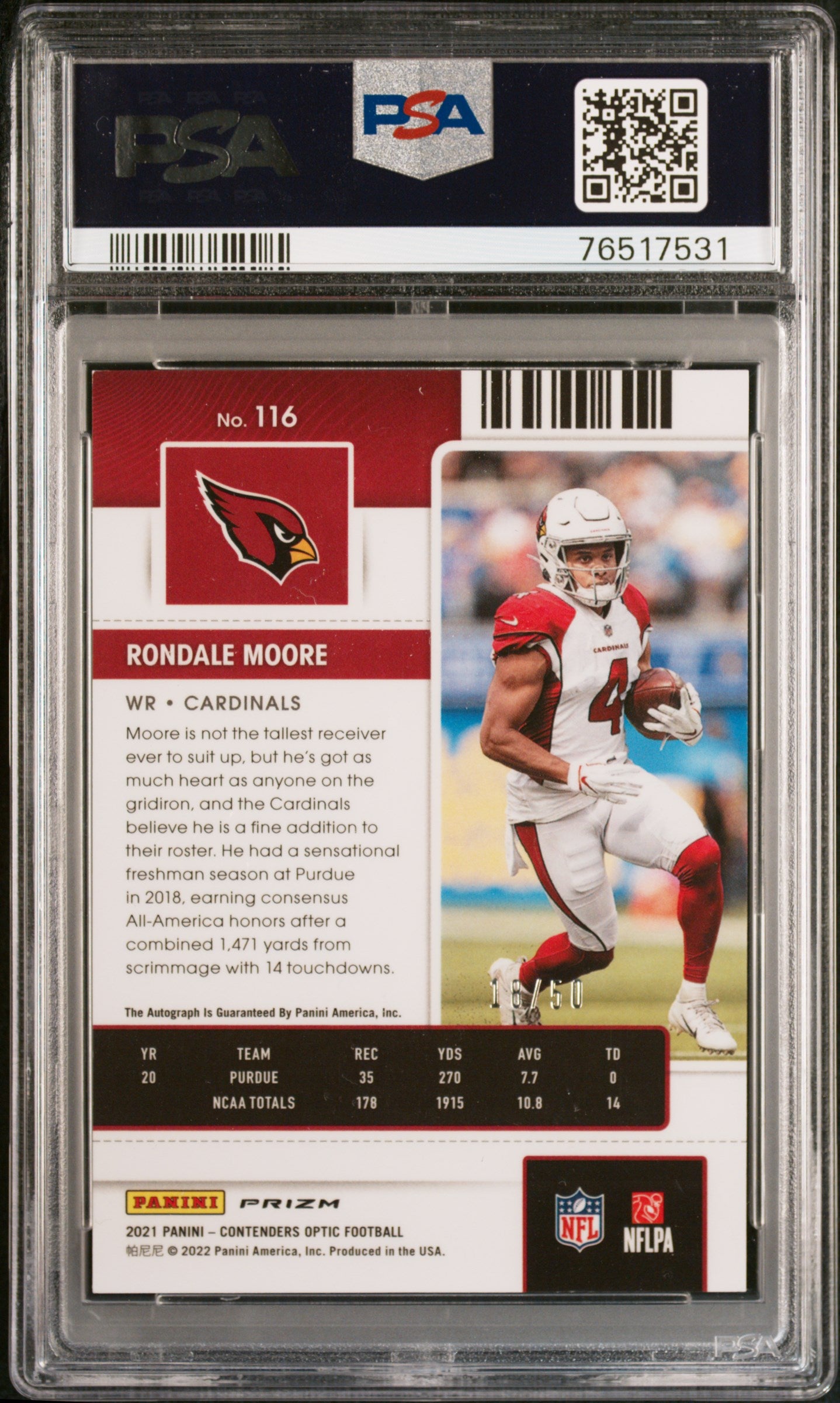 2021 Panini Contenders Optic Rondale Moore #116 /50 PSA 9