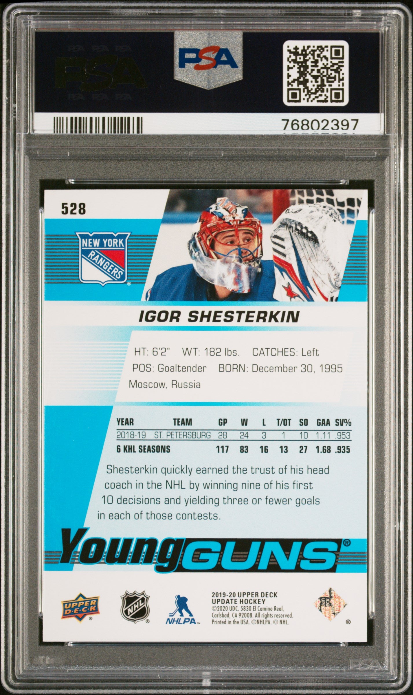 2019 SP Authentic #528 Igor Shesterkin Young Guns PSA 9