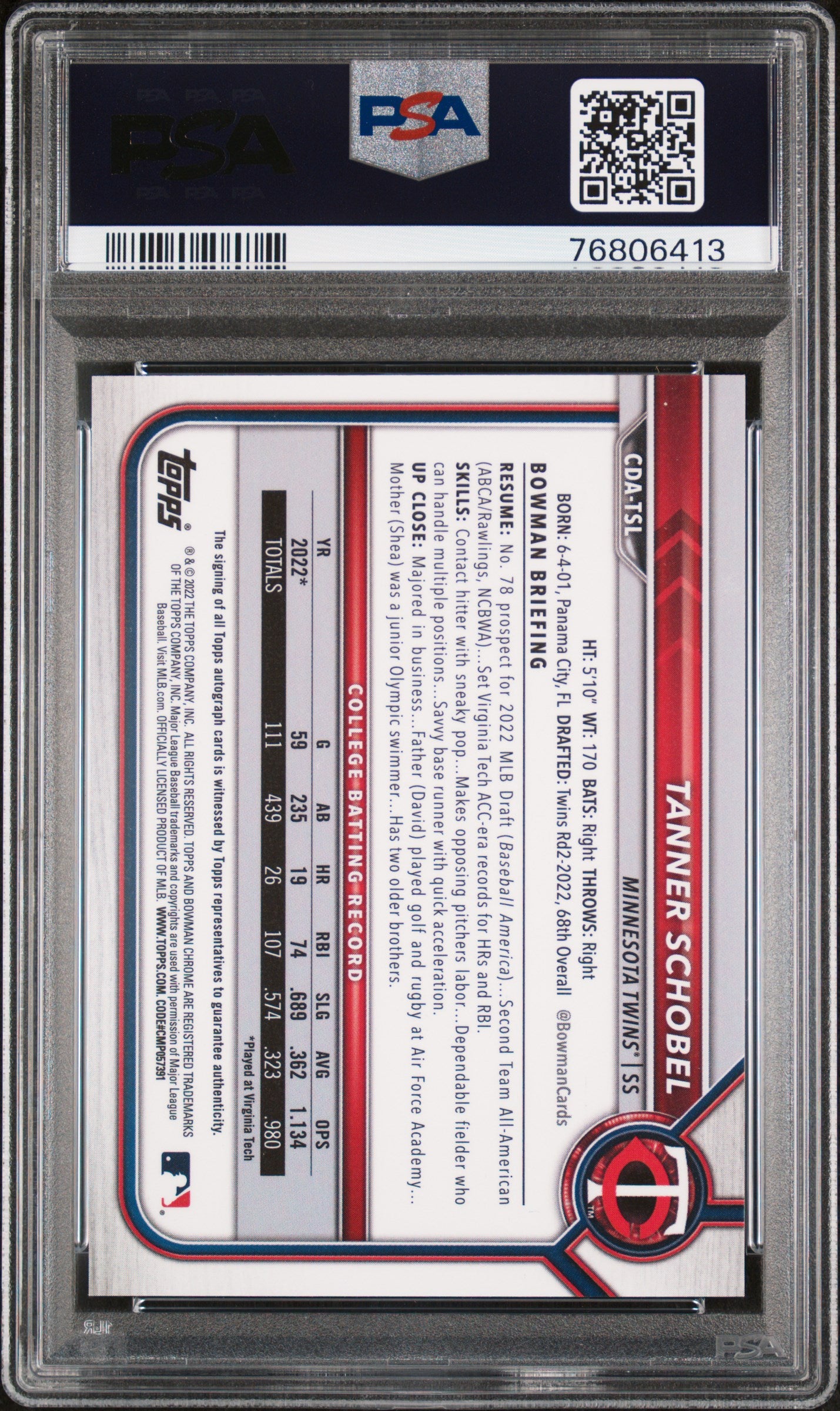 2022 Bowman Draft Chrome Tanner Schobel #CDA-TSL Auto PSA 10