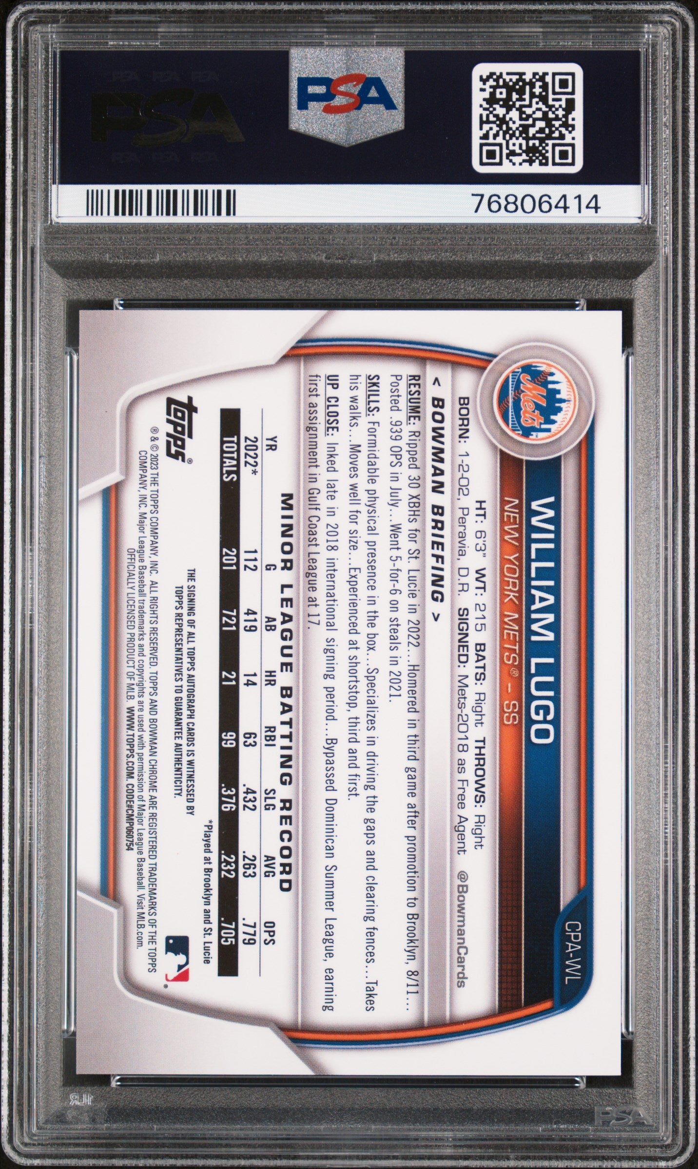 2023 Bowman #CPA-WL William Lugo PSA 9