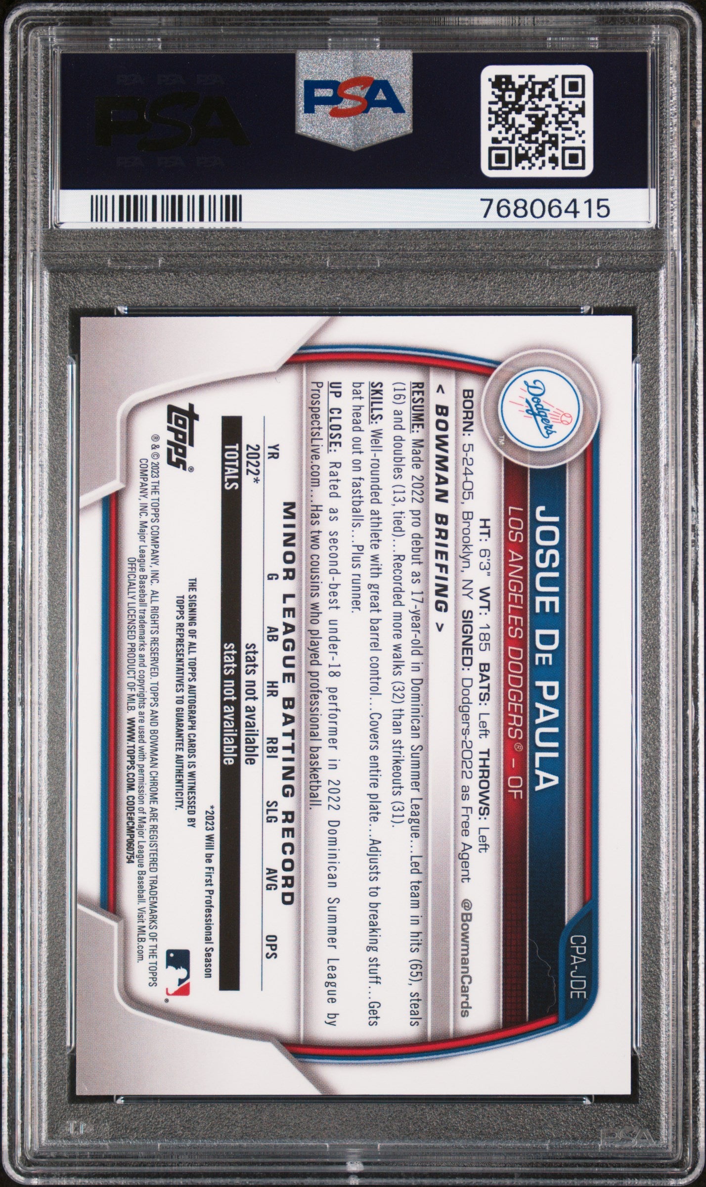 2023 Bowman Chrome Prospect Auto Josue De Paula #CPA-JDE PSA 9