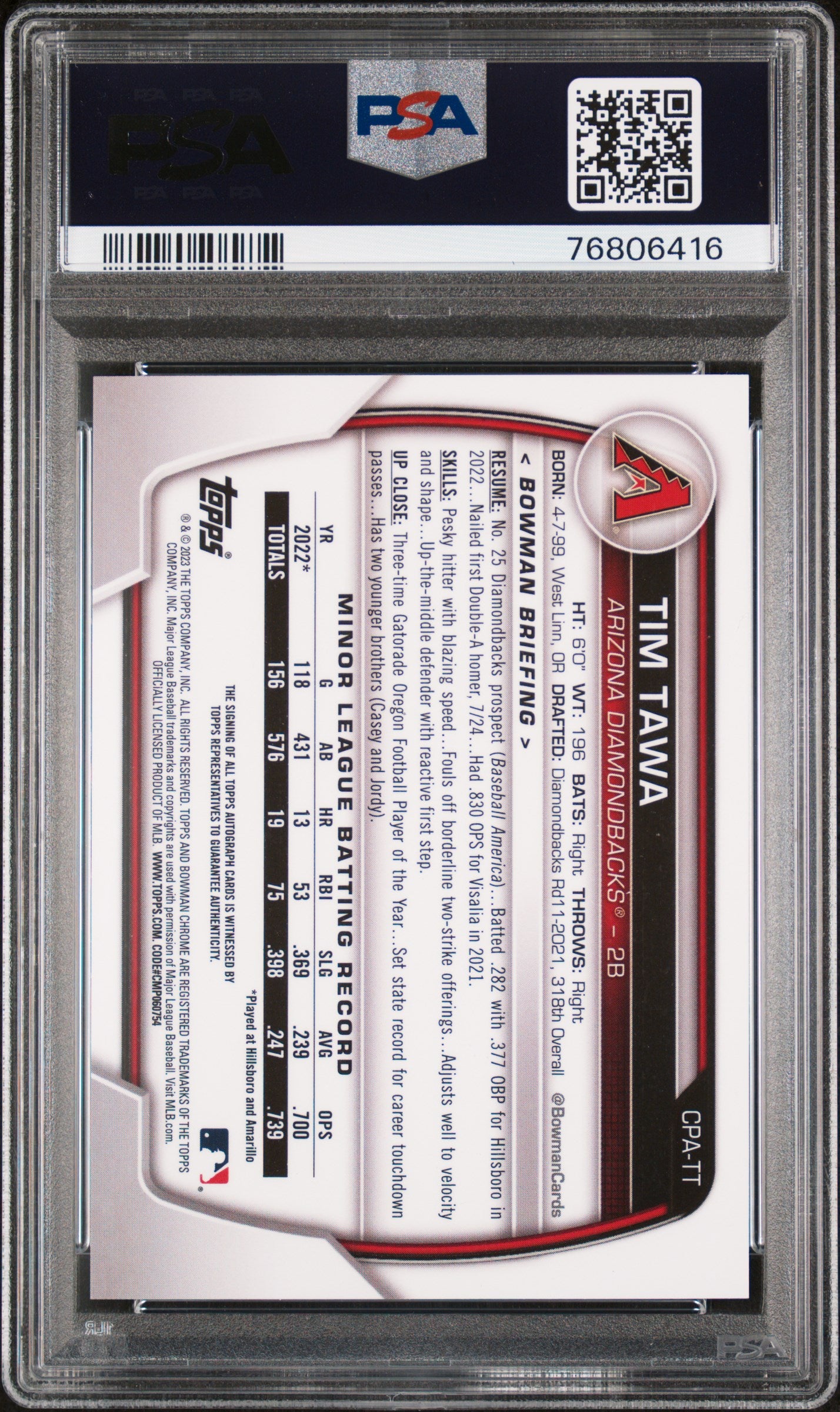 2023 Bowman Chrome Purple Refractor Tim Tawa #CPA-TT Auto /250 PSA 10