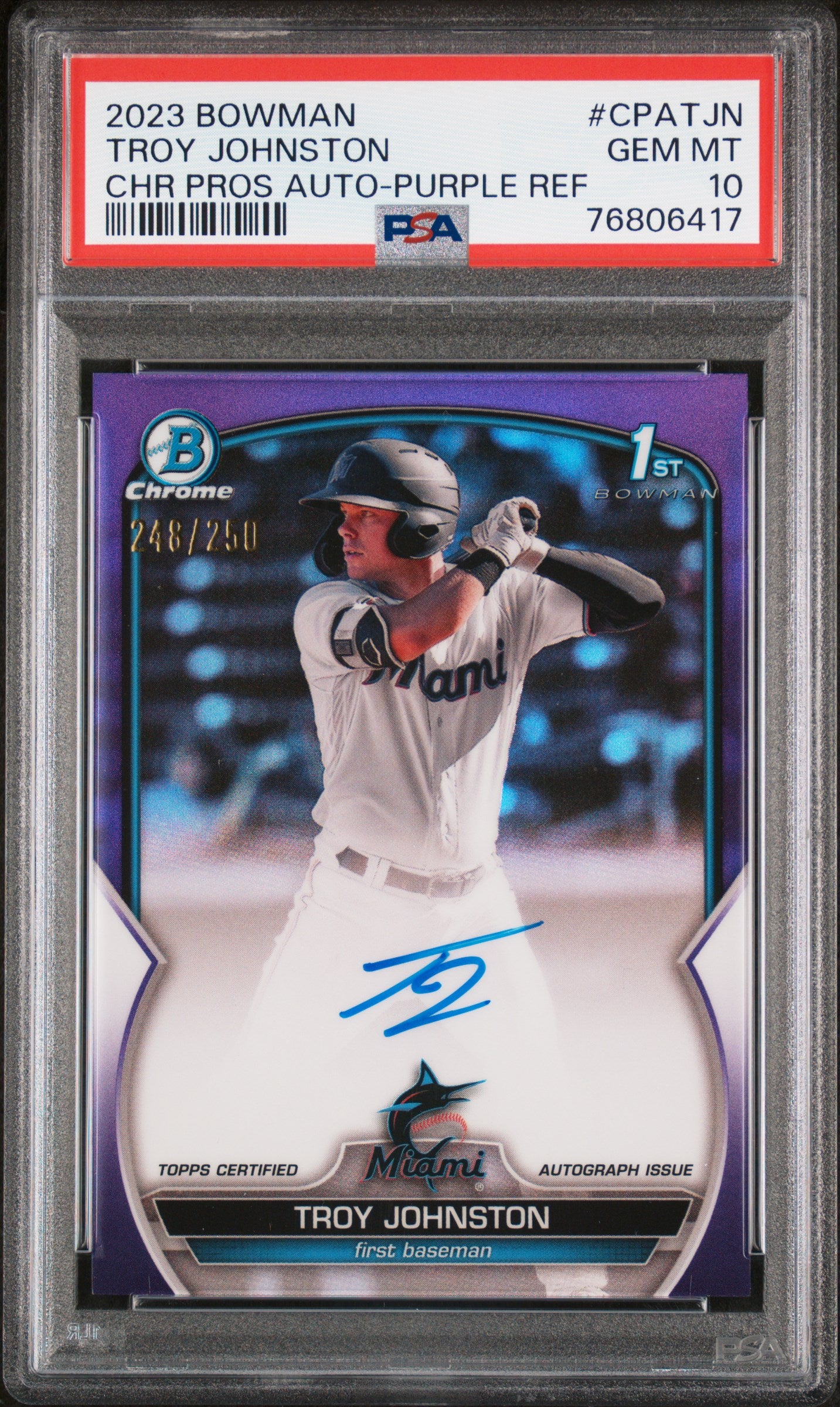 2023 Bowman Chrome Purple Refractor Troy Johnston #CPA-TJN Auto /250 PSA 10