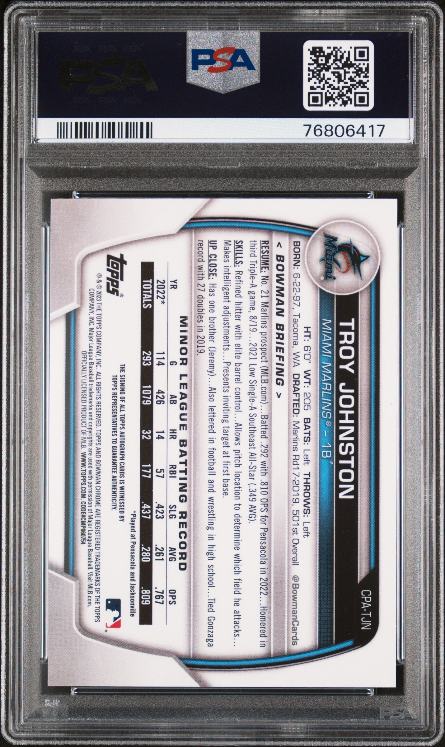 2023 Bowman Chrome Purple Refractor Troy Johnston #CPA-TJN Auto /250 PSA 10