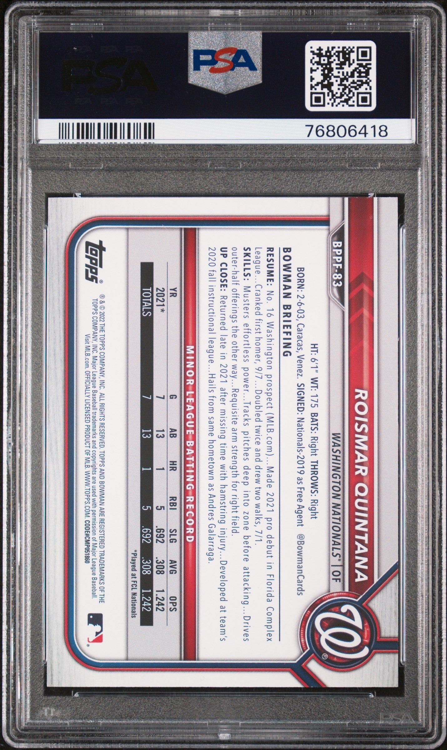 2022 Bowman 1st Edition Gold Foil Roismar Quintana #BPPF83 PSA 10