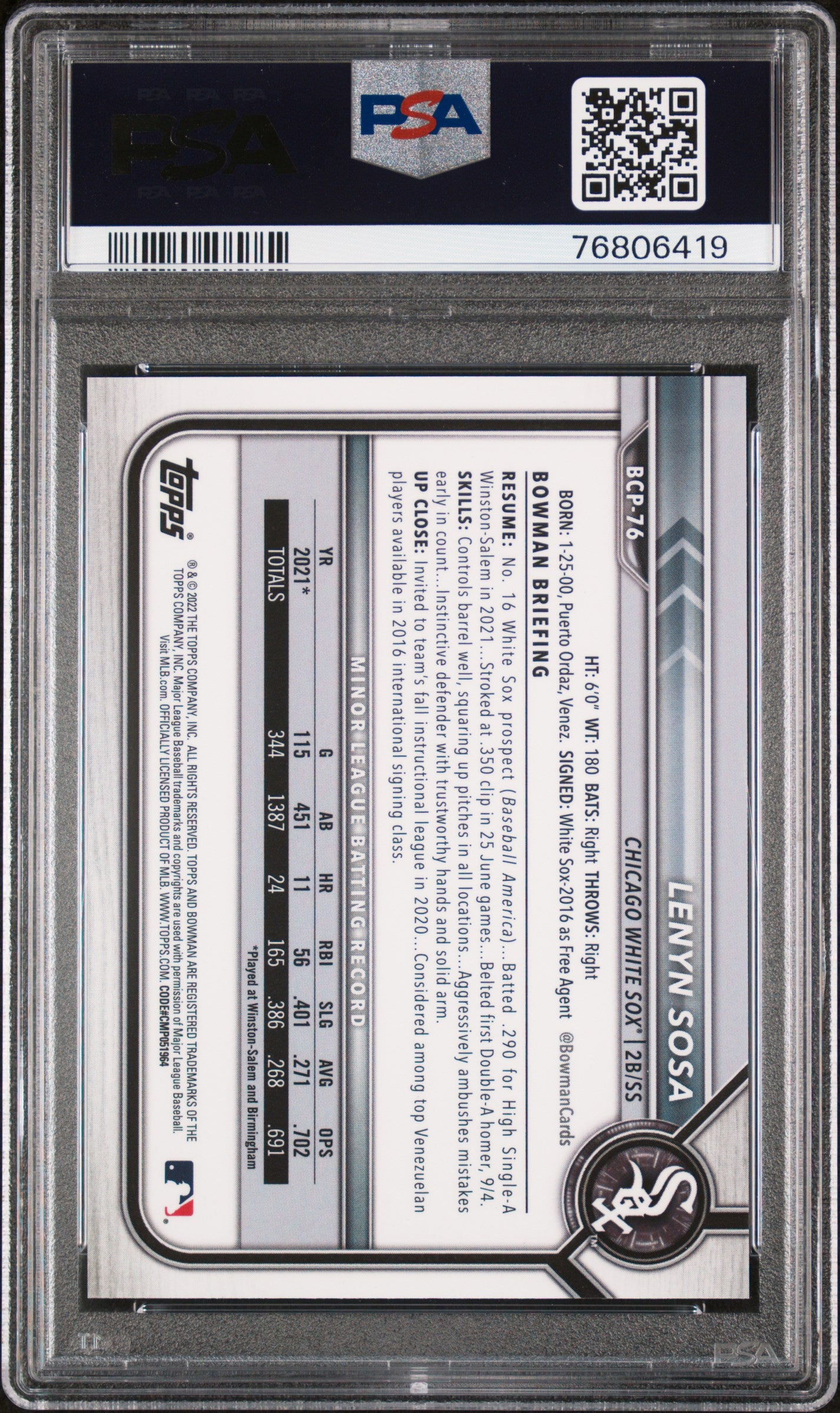 2022 Topps Bowman Sapphire Aqua Lenyn Sosa #BCP76 1st Bowman /55 PSA 10