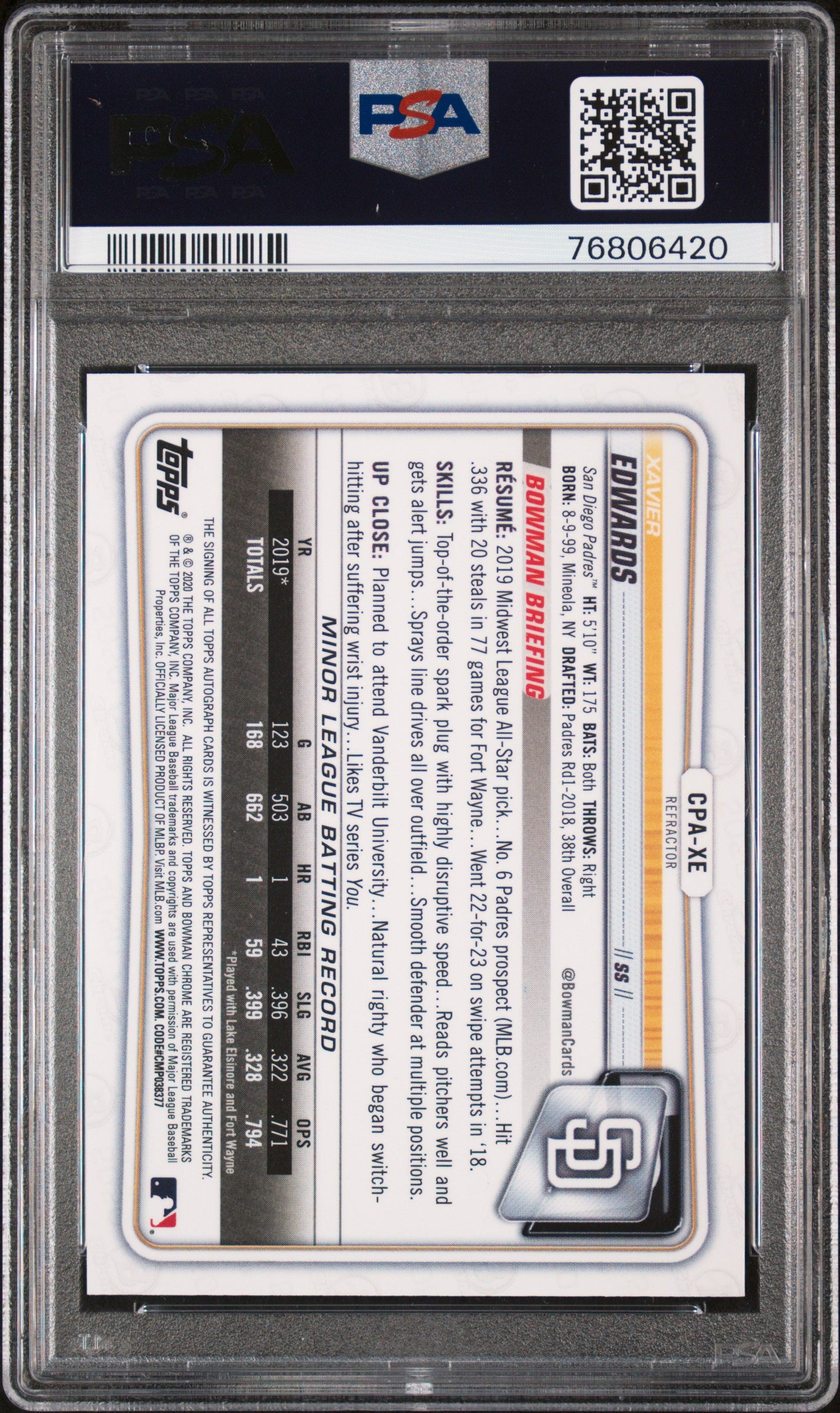 2020 Bowman Chrome Refractor Xavier Edwards #CPA-XE Auto /499 PSA 9
