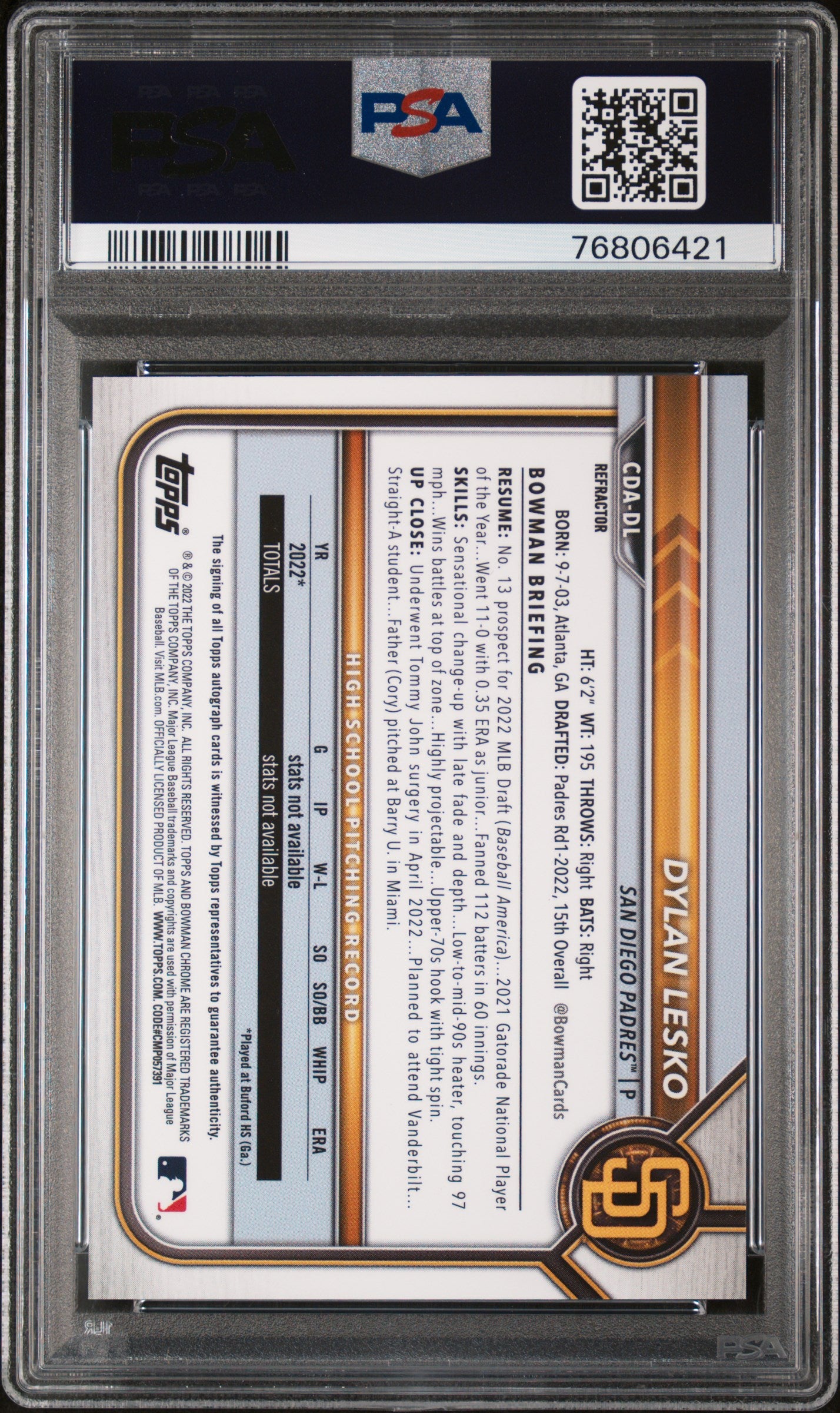 2022 Bowman Draft Chrome Refractor Dylan Lesko #CDA-DL Auto /499 PSA 9