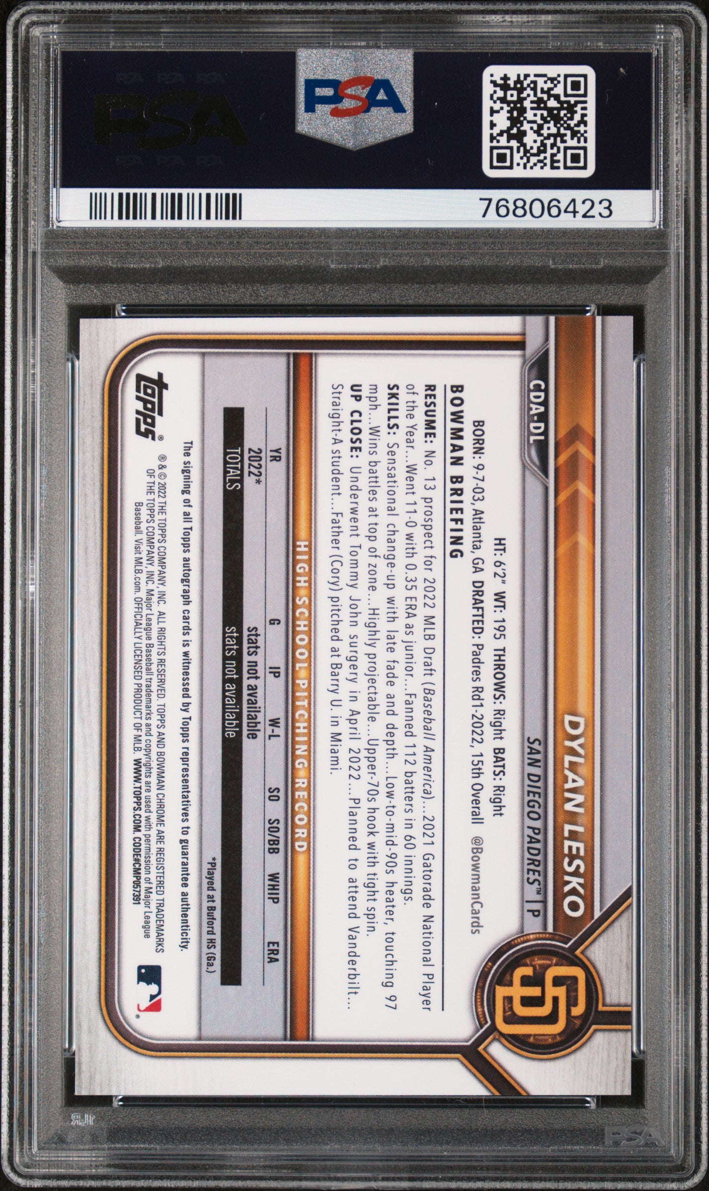2022 Bowman Draft Chrome Draft Pick Dylan Lesko #CDA-DL Auto PSA 10
