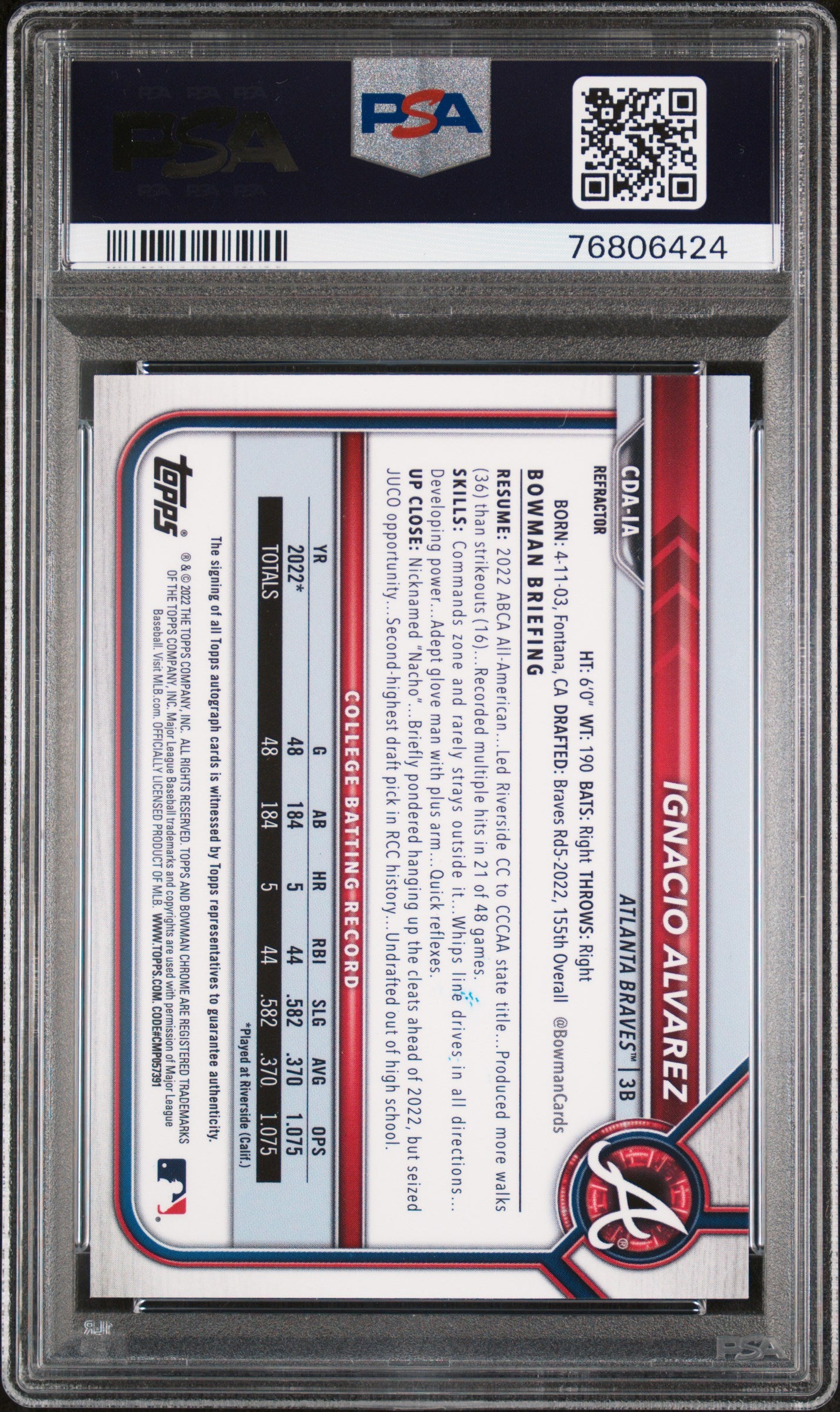 2022 Bowman Draft Chrome DP Refractor Ignacio Alvarez #CDA-IA Auto /499 PSA 9