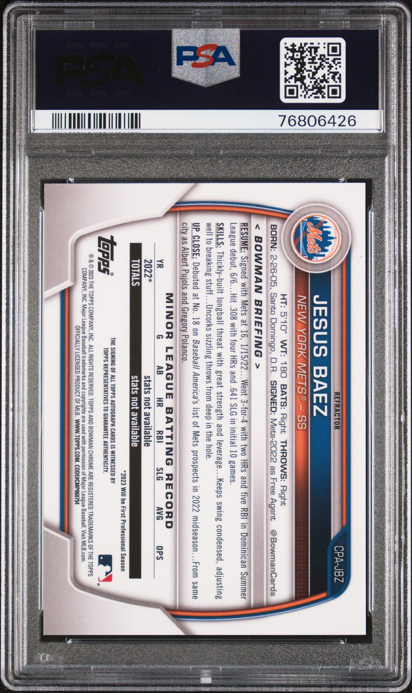 2023 Bowman Chrome Refractor Jesus Baez #CPA-JBZ Auto /499 PSA 9
