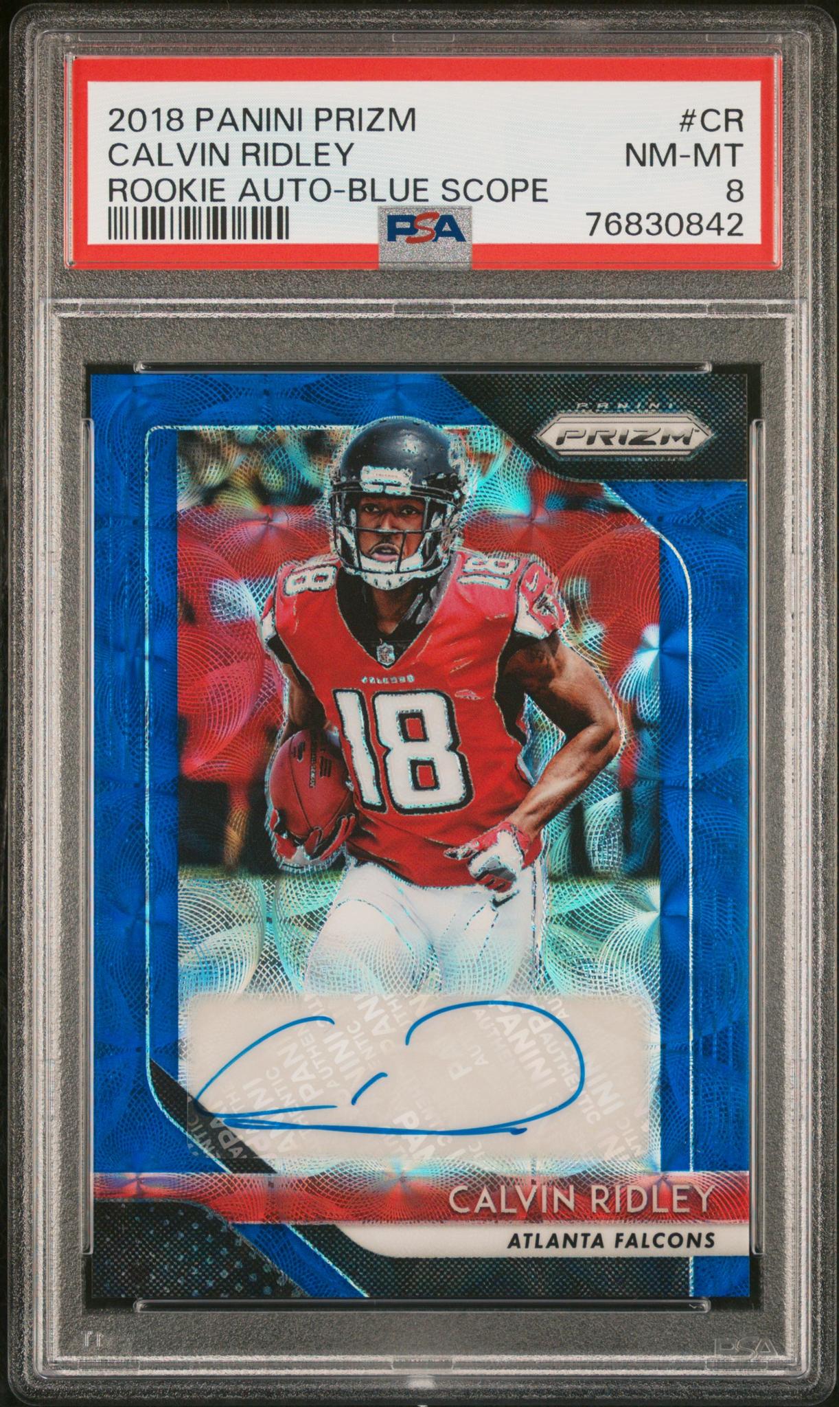 2018 Panini Prizm Blue Scope Calvin Ridley #RA-CR Auto /25 PSA 8
