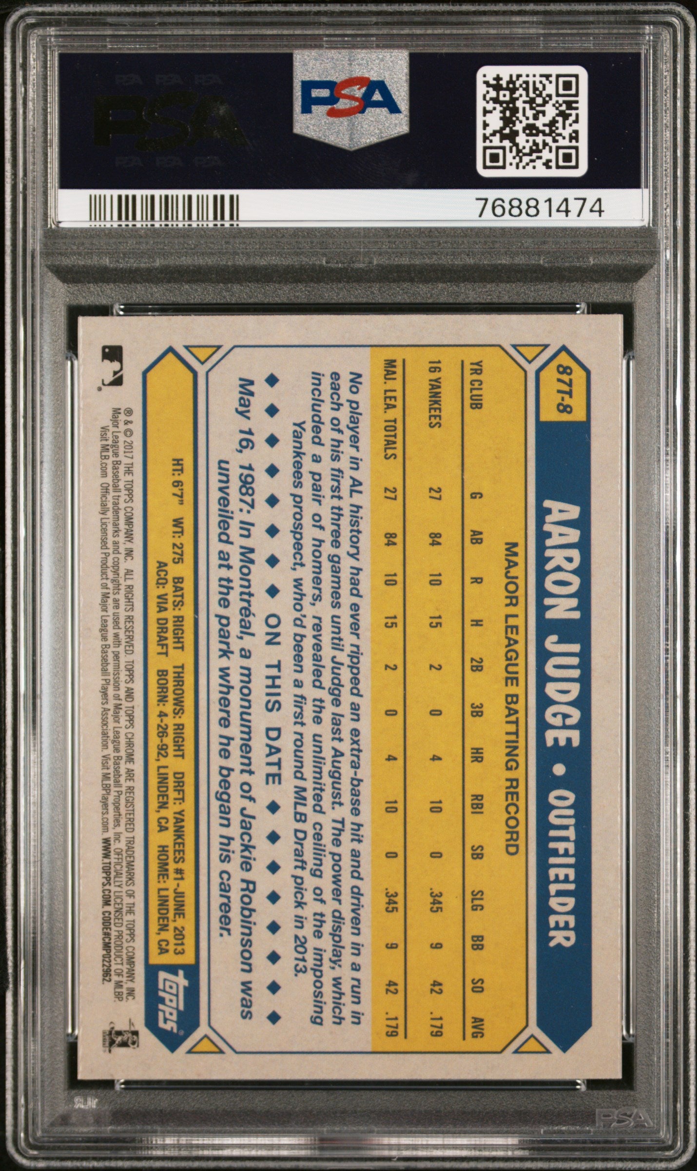 2017 Topps Chrome '87 Topps Aaron Judge #87T8 PSA 9