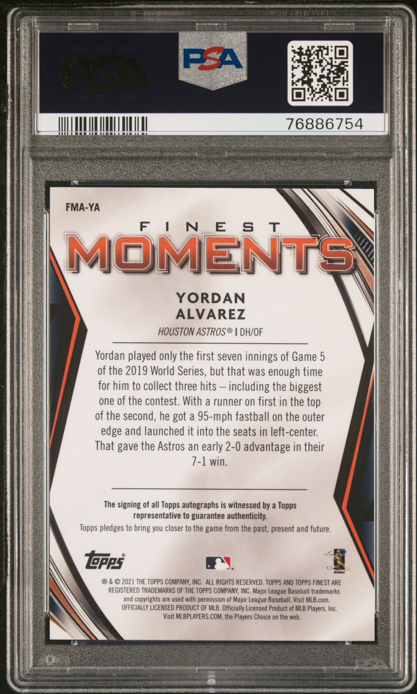 2021 Topps Finest Finest Moments Autographs Yordan Alvarez #FMAYA PSA 10