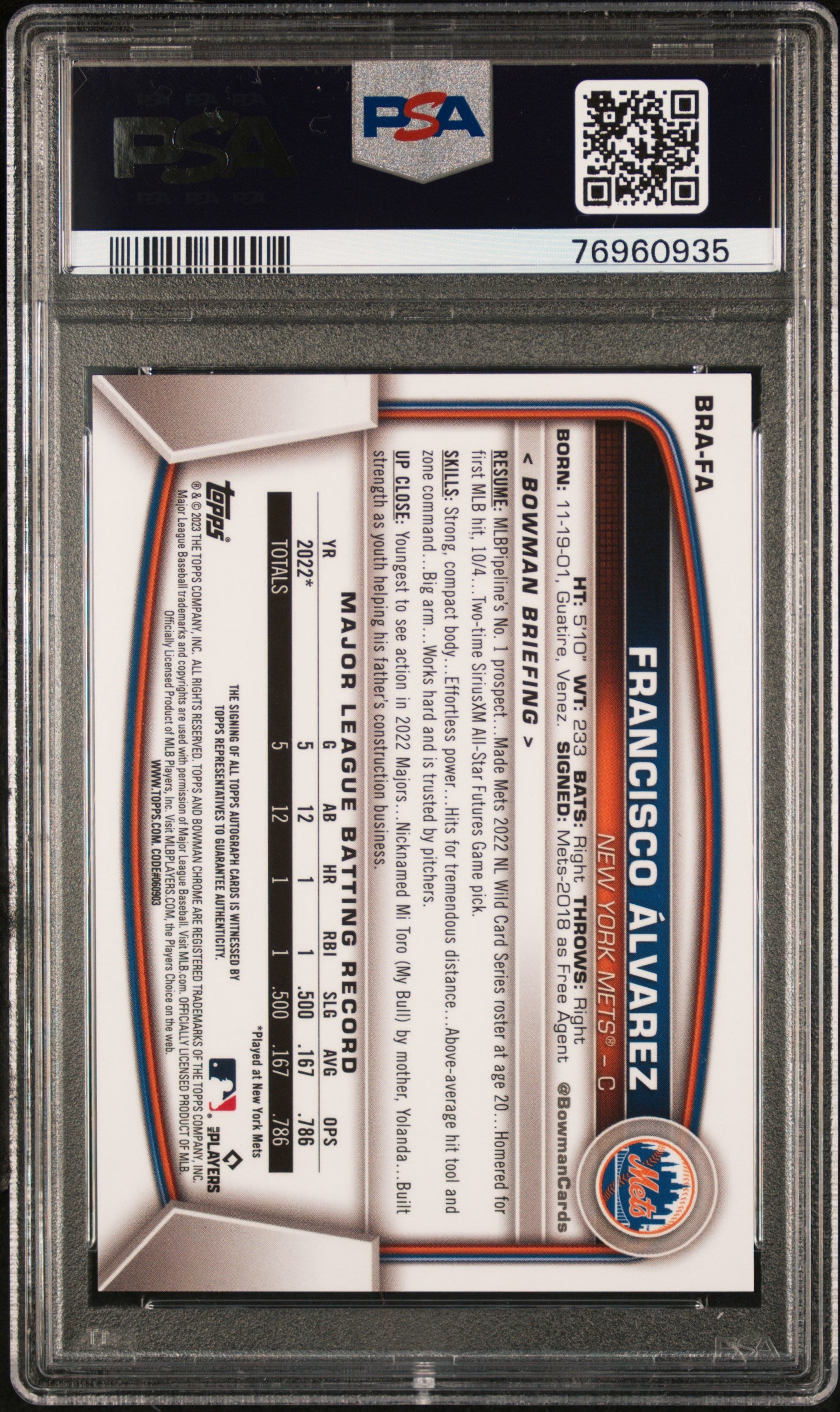 2023 Bowman Mega Box Chrome Rookies Autographs Rk Auto-Orange Ref. Francisco Alvarez #FA /25 PSA 10